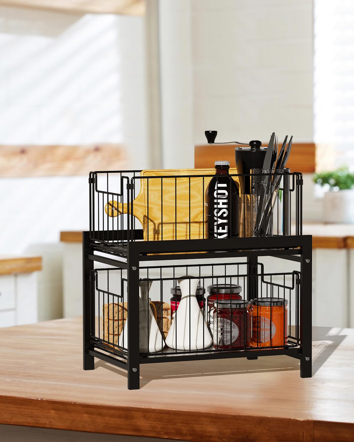Scaffale Sottolavello Portaoggetti con 2 Cestelli Scorrevoli, Organizer Sottolavello Cucina In Acciaio Inox, Organizer Sotto il Lavello, 2 Livelli Sotto Lavello Cucina Organizer(Nero)