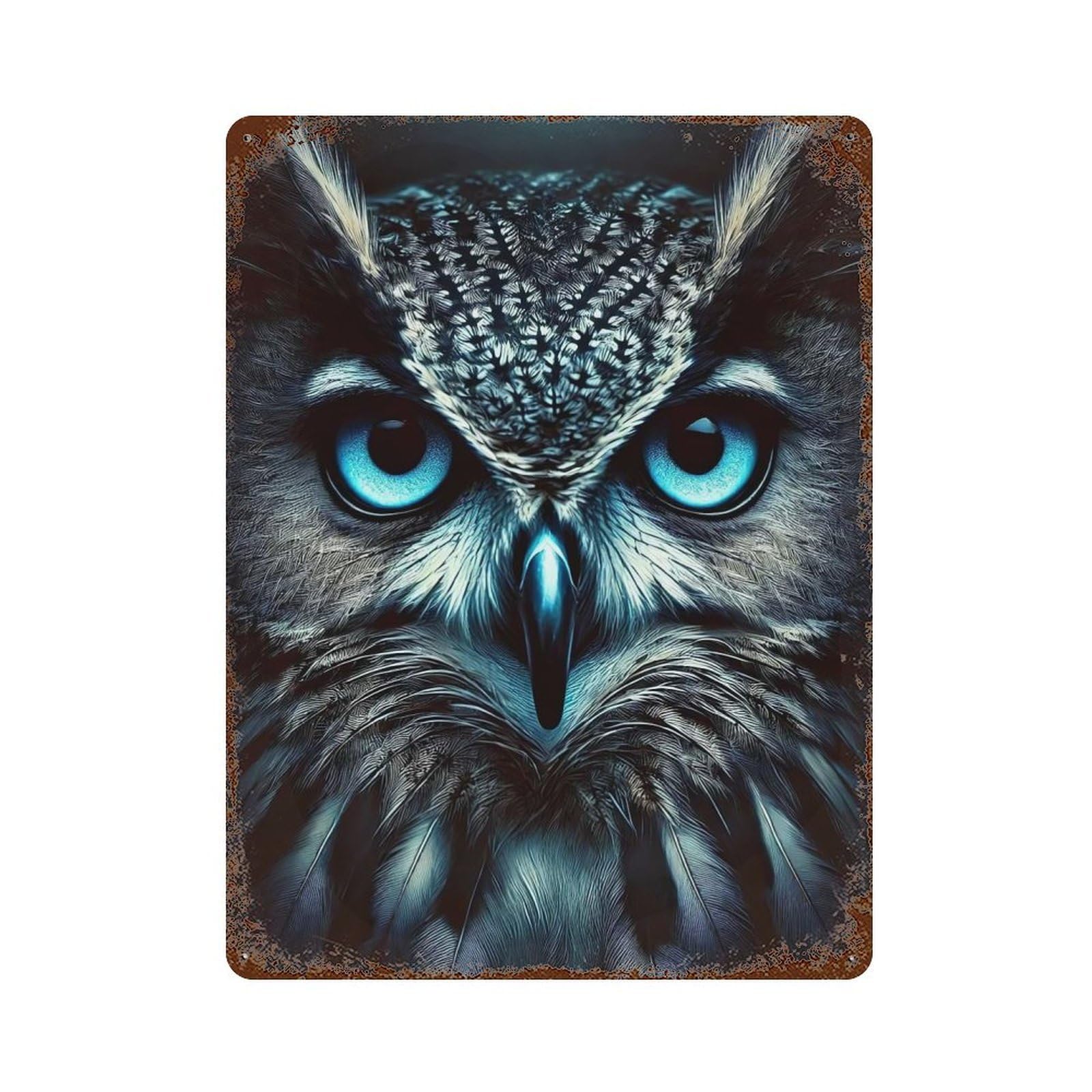 Blue-Eyed Owl Portrait Distressed Metal Wall Sign 15.7"x11.8", Rustic Home Decor for Living Room, Hallway And Home Decor