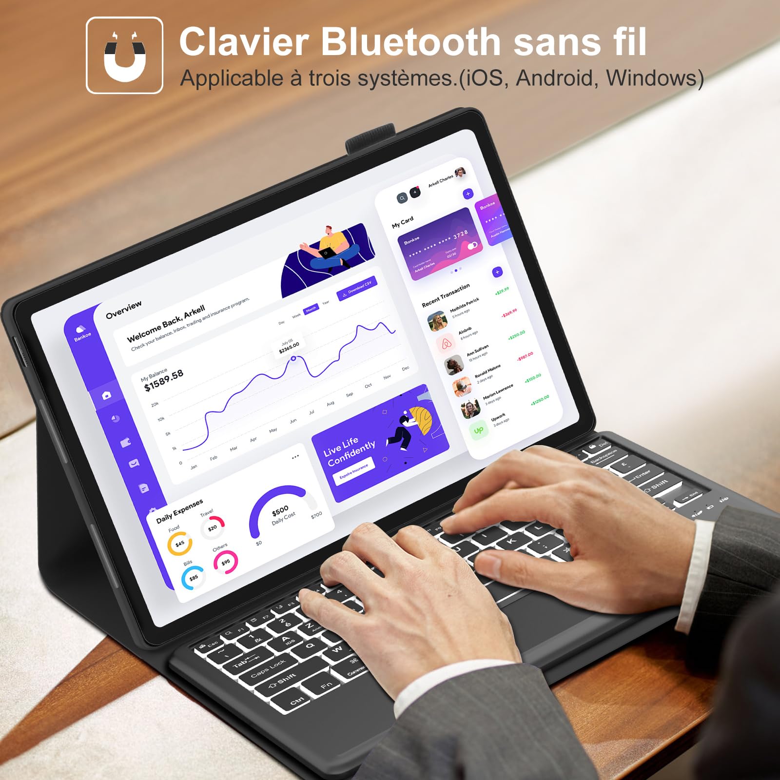 Étui Clavier Magnétique WAVATA Pour Lenovo Idea Tab Pro 12.7 2025 - AZERTY Français, Rétroéclairage, Amovible - Noir