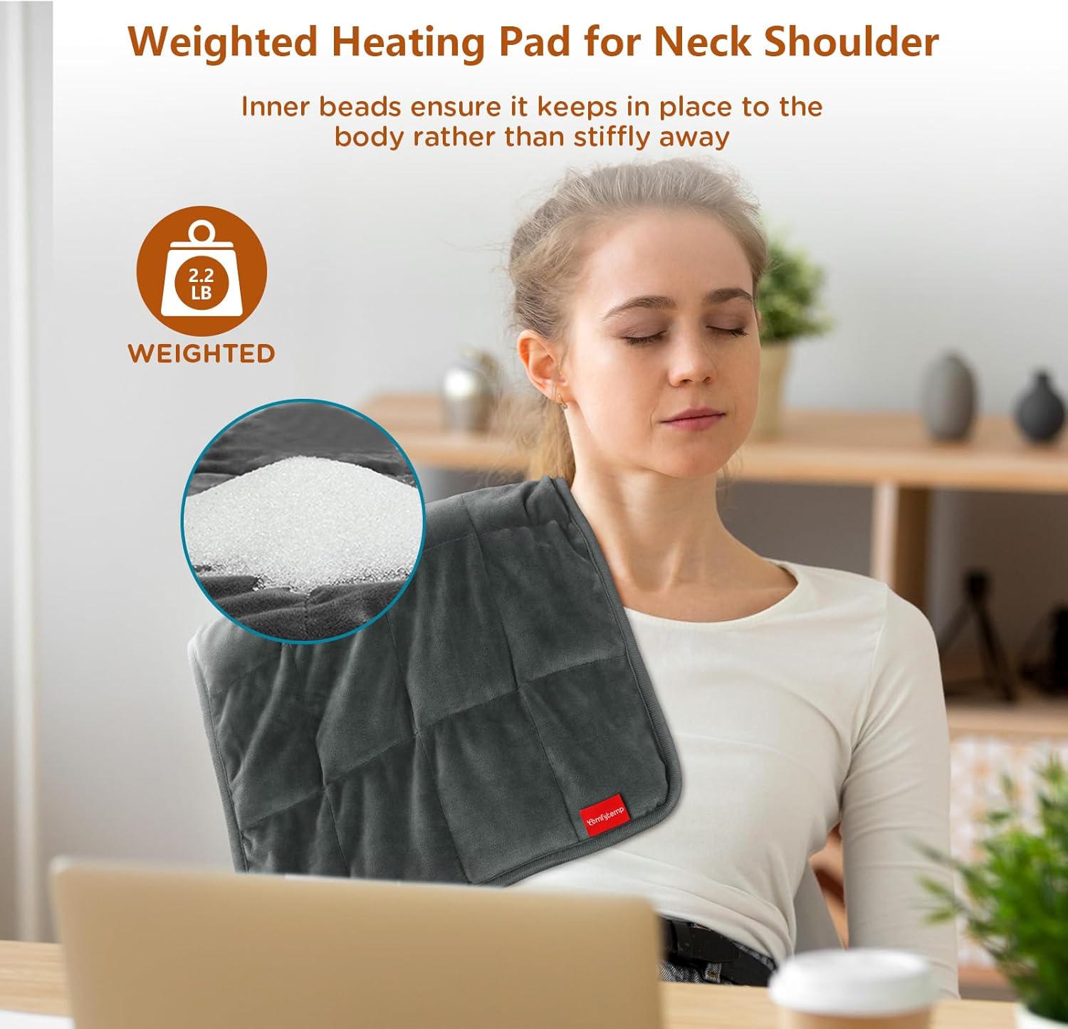 Comfytemp Weighted Heating Pad for Back & Period, FSA Eligible Electric Heat Pad, Valentines Day Birthday Gifts for Dad Men Him, 2.2 lb HSA Approved Neck Shoulder Heated Pad, 2H Auto-Off, 12x24, Gray - Image 4