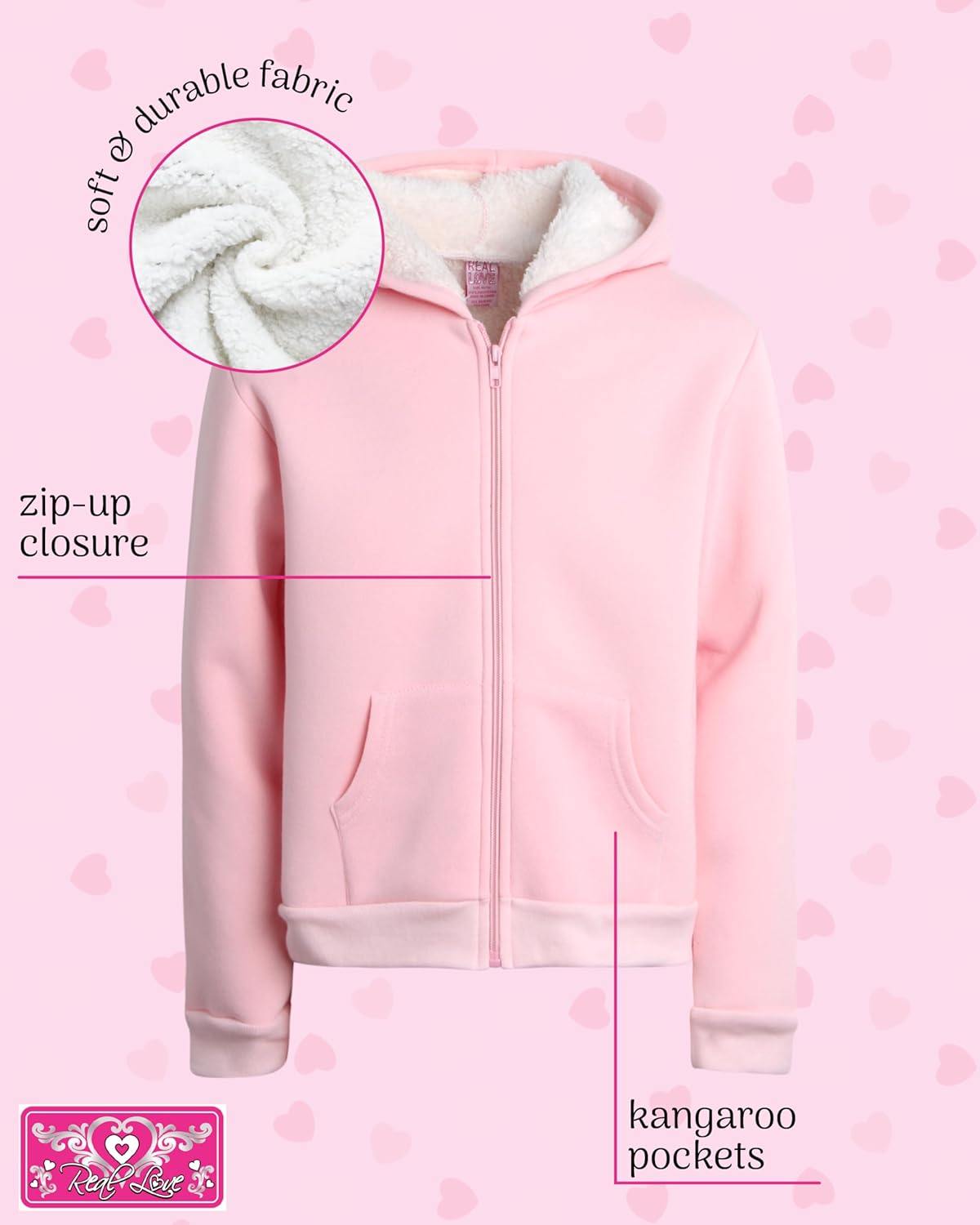 Real Love Girls Zip Up Hoodie - Soft Sherpa Lined Heavyweight Hooded Girls Sweatshirt Hoodies for Teens Kids (7-16) - Image 3