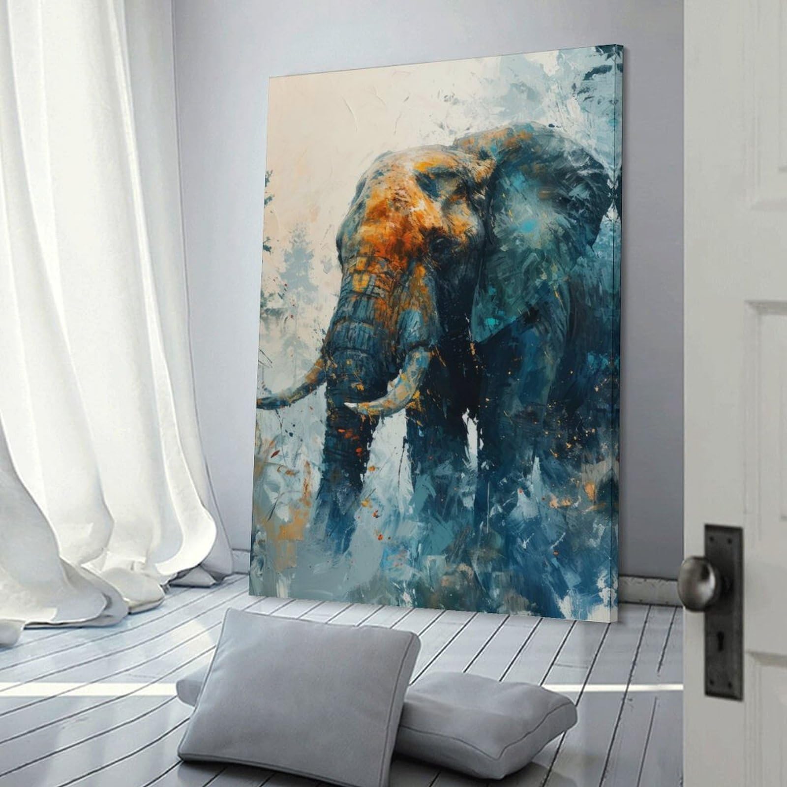 Junmoney Elephant in Blue Forest Room Decor Wall Art, 20x30inch(50x75cm), for Entrance Spaces, Stair Walls Or Halls, A Stylish Accent for Home Entrances