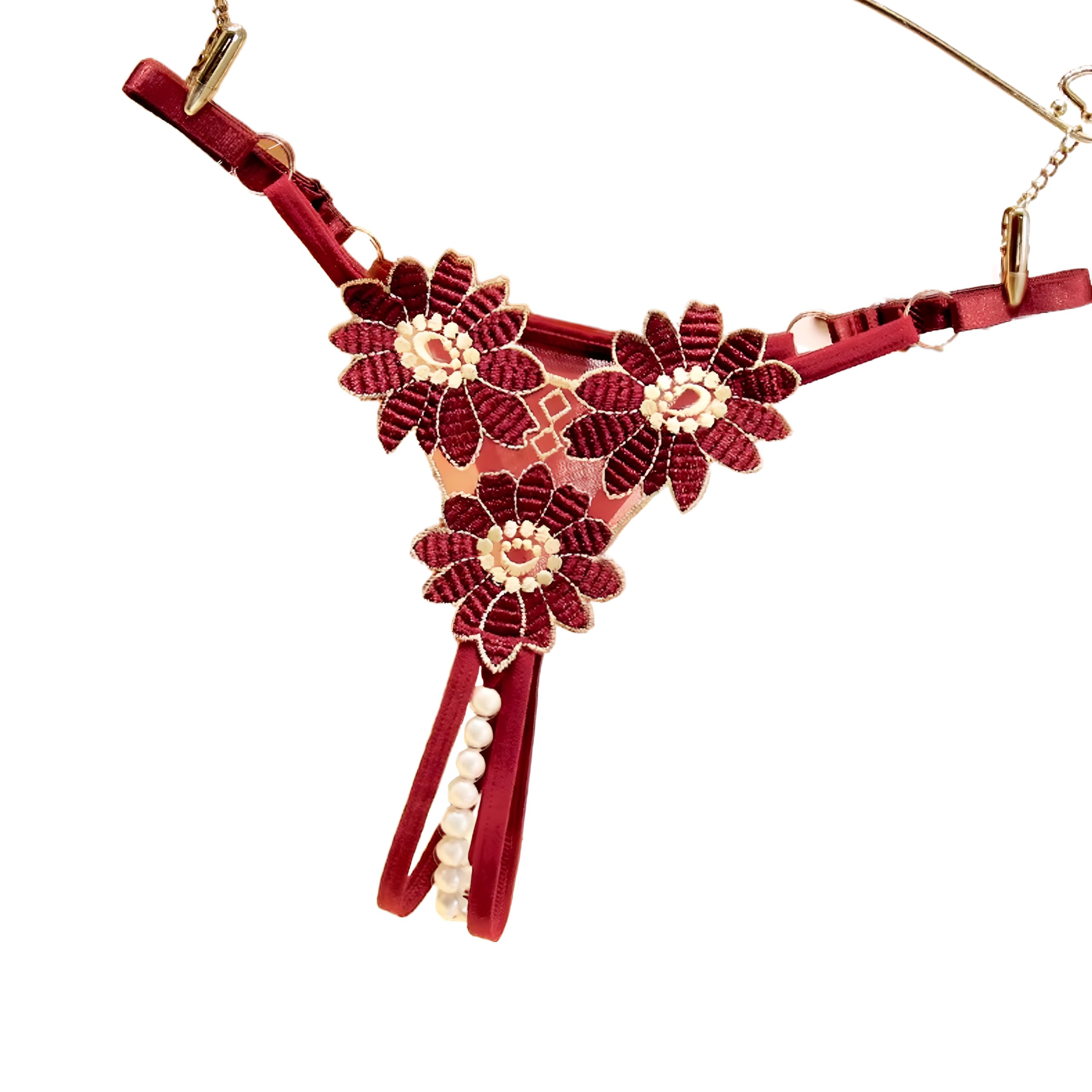 elegant floral lace pearl thong, adjustable straps, available in black, blue, red, purple, embroidered g-string lingerie for women, intimate wear