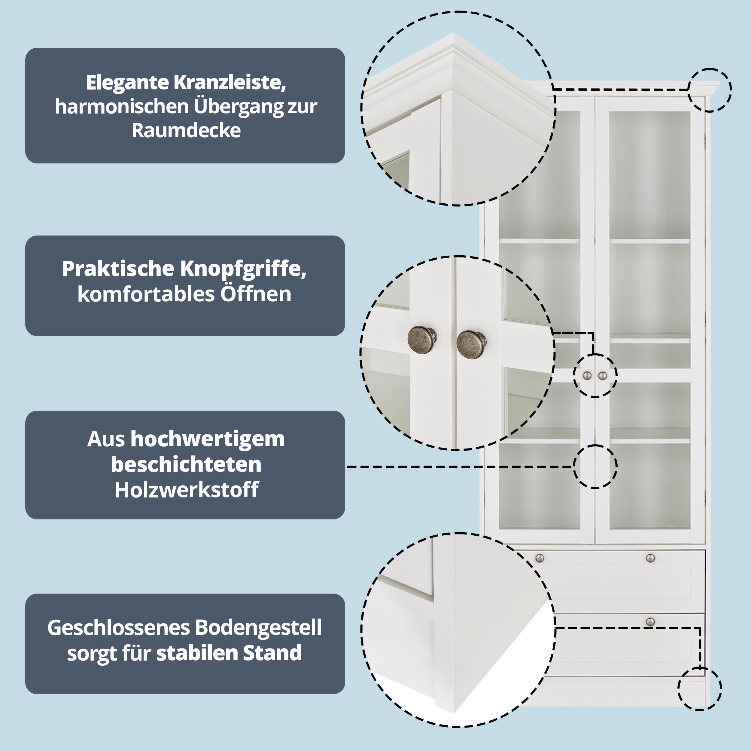 KHG Vitrine weiß 2 Drehtüren mit Glaseinsatz 2 Schubkästen 3 höhenverstellbare Einlegeböden Holzwerkstoff beschichtet Landhaus Stil