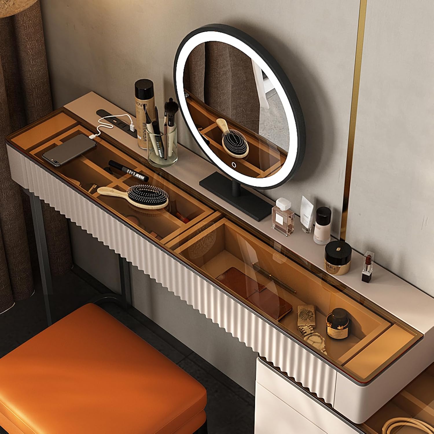 Lartis Makeup Vanity with Stool, Very Easy to Assemble,Retractable TV Cabinet Combination, Dressing Table Desk in one, Super Storage