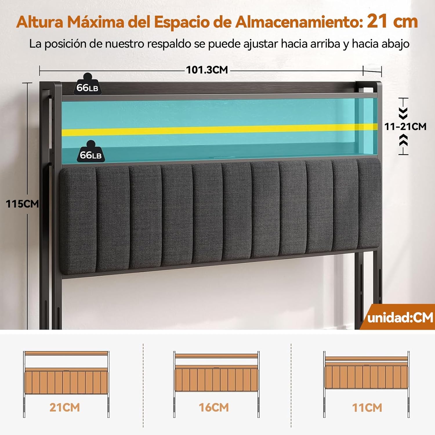 Diagram showing adjustable storage height and headboard dimensions