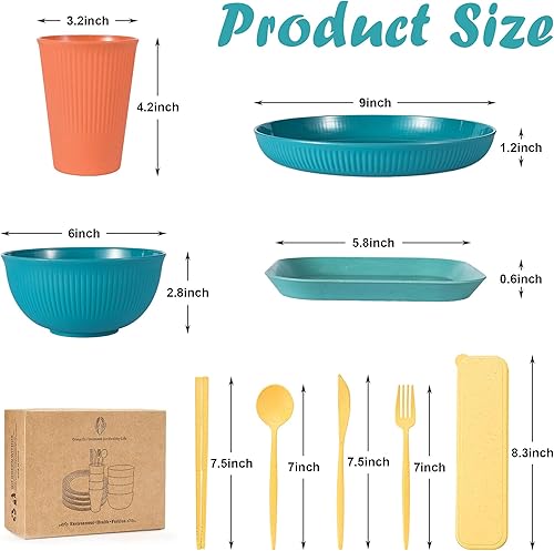 Miniatura 3 de Juego de vajilla de paja de trigo de 36 piezas, juego de platos y tazones reutilizables, tazas irrompibles, cuchillos, tenedores, cucharas y