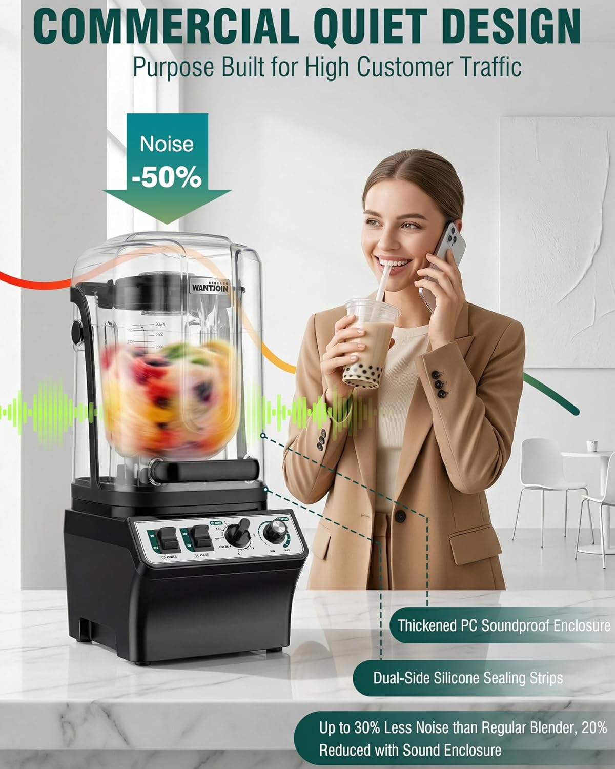 WantJoin Commercial Blender- 80Oz Quiet Smoothie Blender with Soundproof Shield, Professional Ice Crusher Heavy Duty with Self-Cleaning, High-speed Ice Drink Maker for Restaurant Bars Café Home
