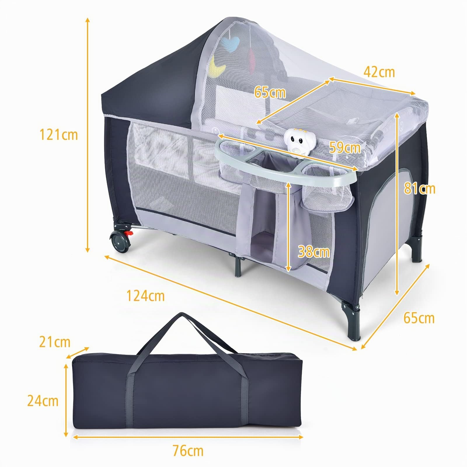 LIFEZEAL Lit Parapluie avec Matelas 2 Niveaux, Lit Pliant Bébé avec Sac de Rangement, Lit Bebe 0-36 Mois avec Table à Langer, Moustiquaire, Charge de 15 kg (Gris)