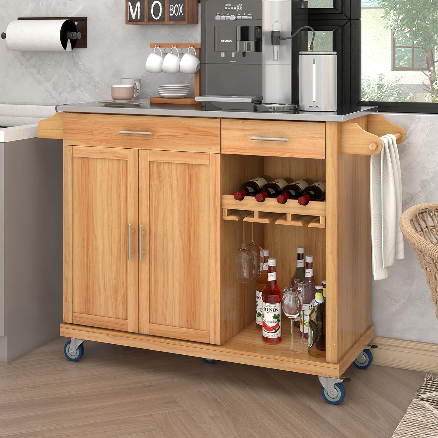 Rolling Kitchen Island Cart with Stainless Steel Top & Wine