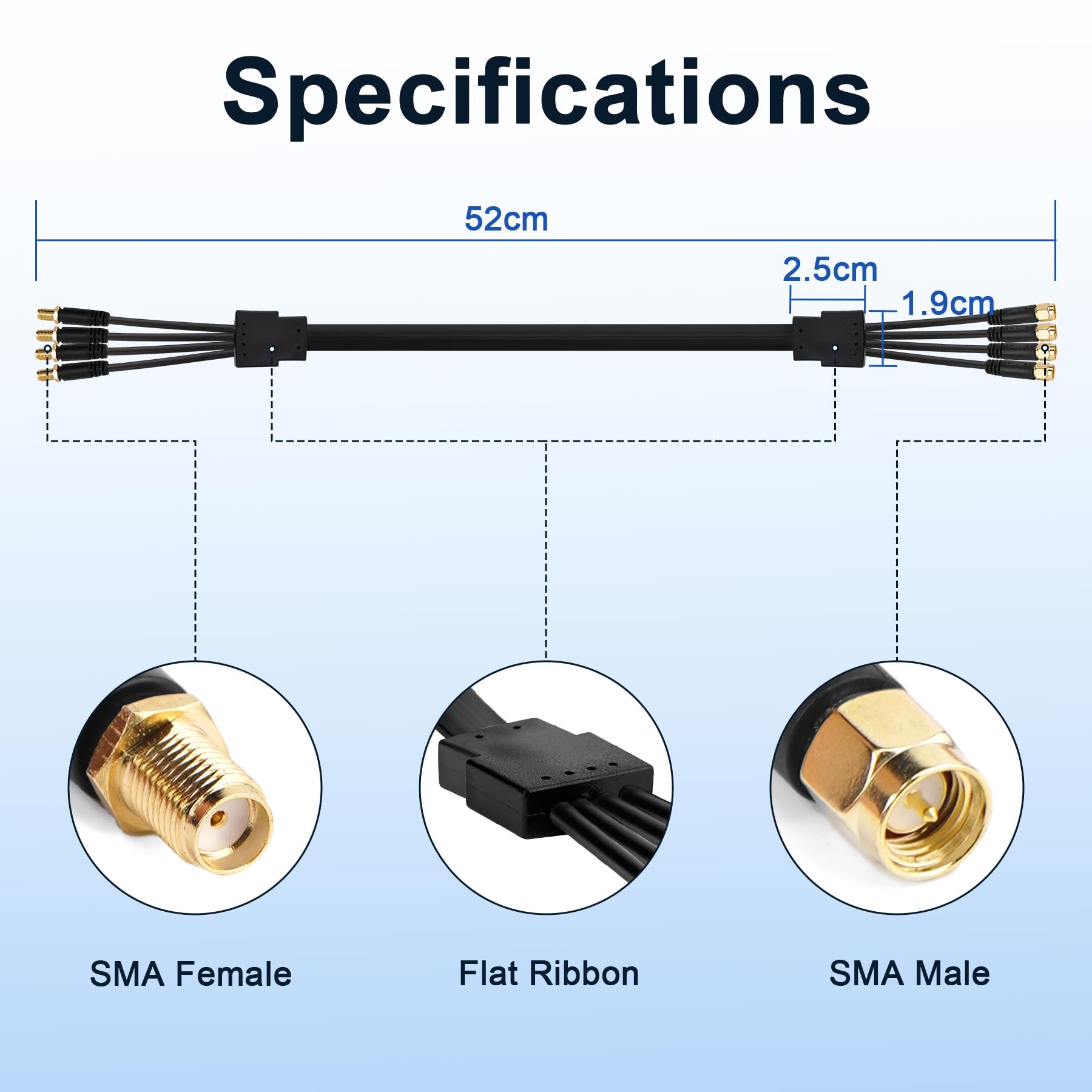 Cavo Piatto Passa-Finestra SMA per Antenne 5G/LTE | Cavo Ultra-Sottile a Bassa Perdita 4-in-1 | SMA Maschio a Femmina | Ideale per Finestre e Porte, 50 cm