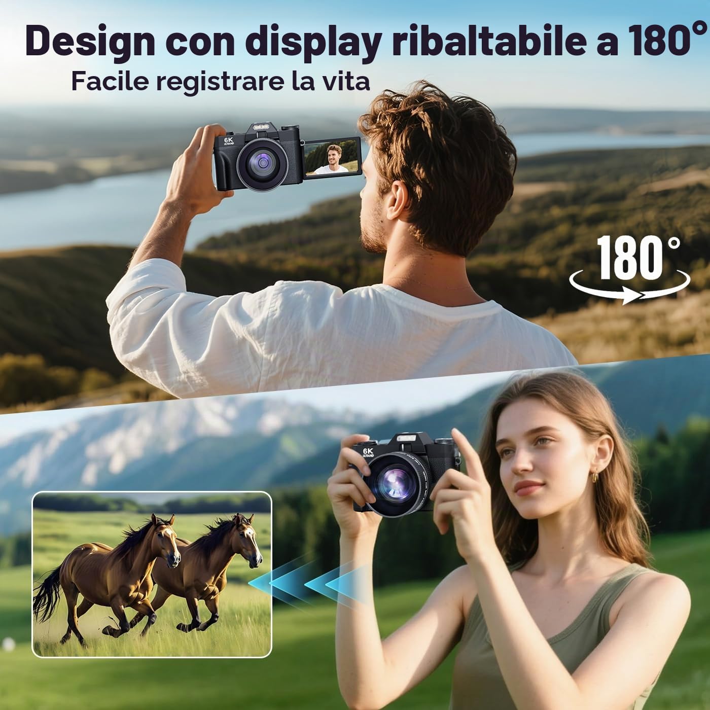 Fotocamera digitale 6K 64MP per Fotografia Vlogging Camera per YouTube, Flip Screen 180°, Zoom 16X Autofocus, Fotocamera compatta da viaggio per adolescenti, con obiettivo da 52 mm, 2 batterie, scheda