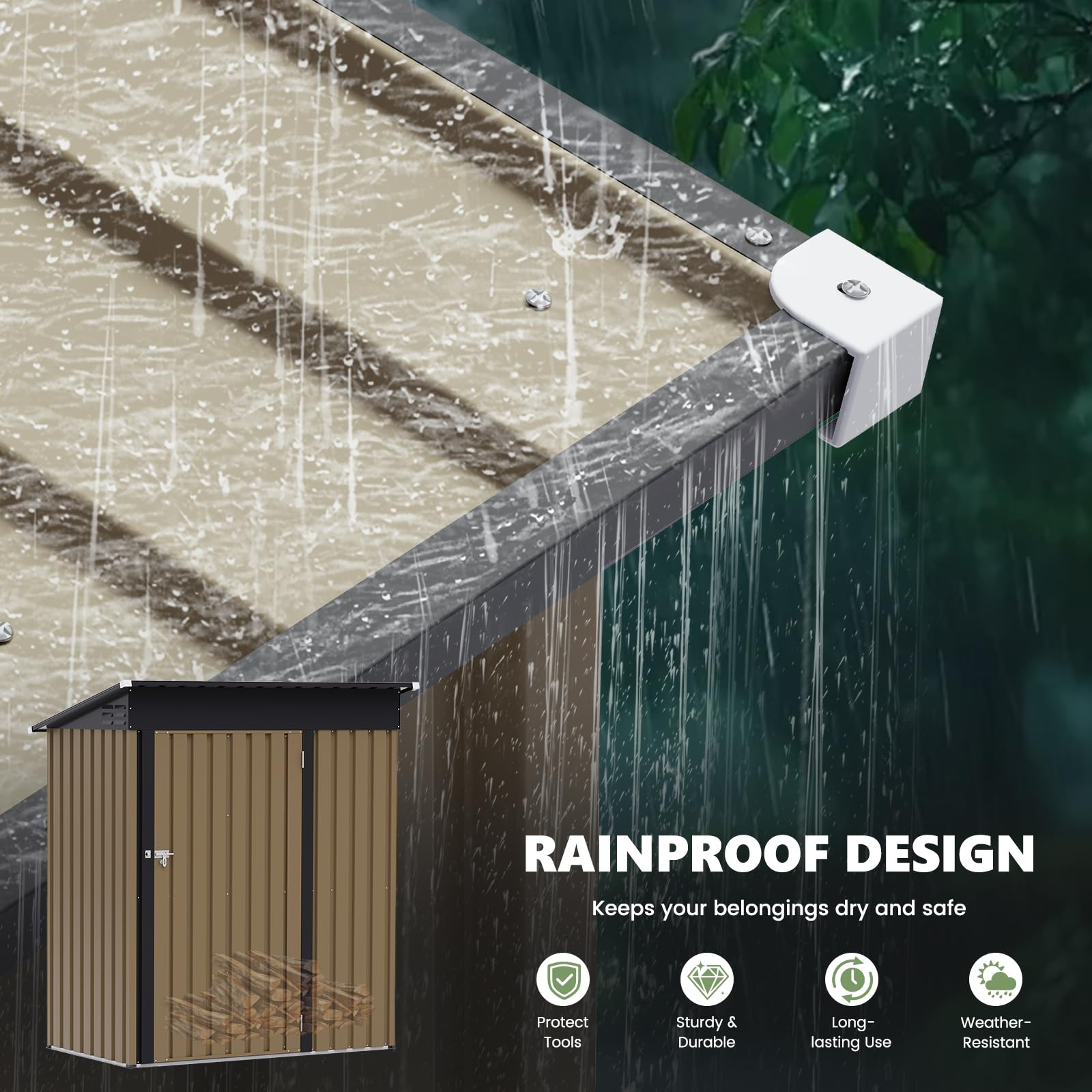 UDPATIO Abri de Jardin Métal 164x101x181 cm Cabane Extérieur Toit Incliné Serrure Rangement Outils Vélo Marron