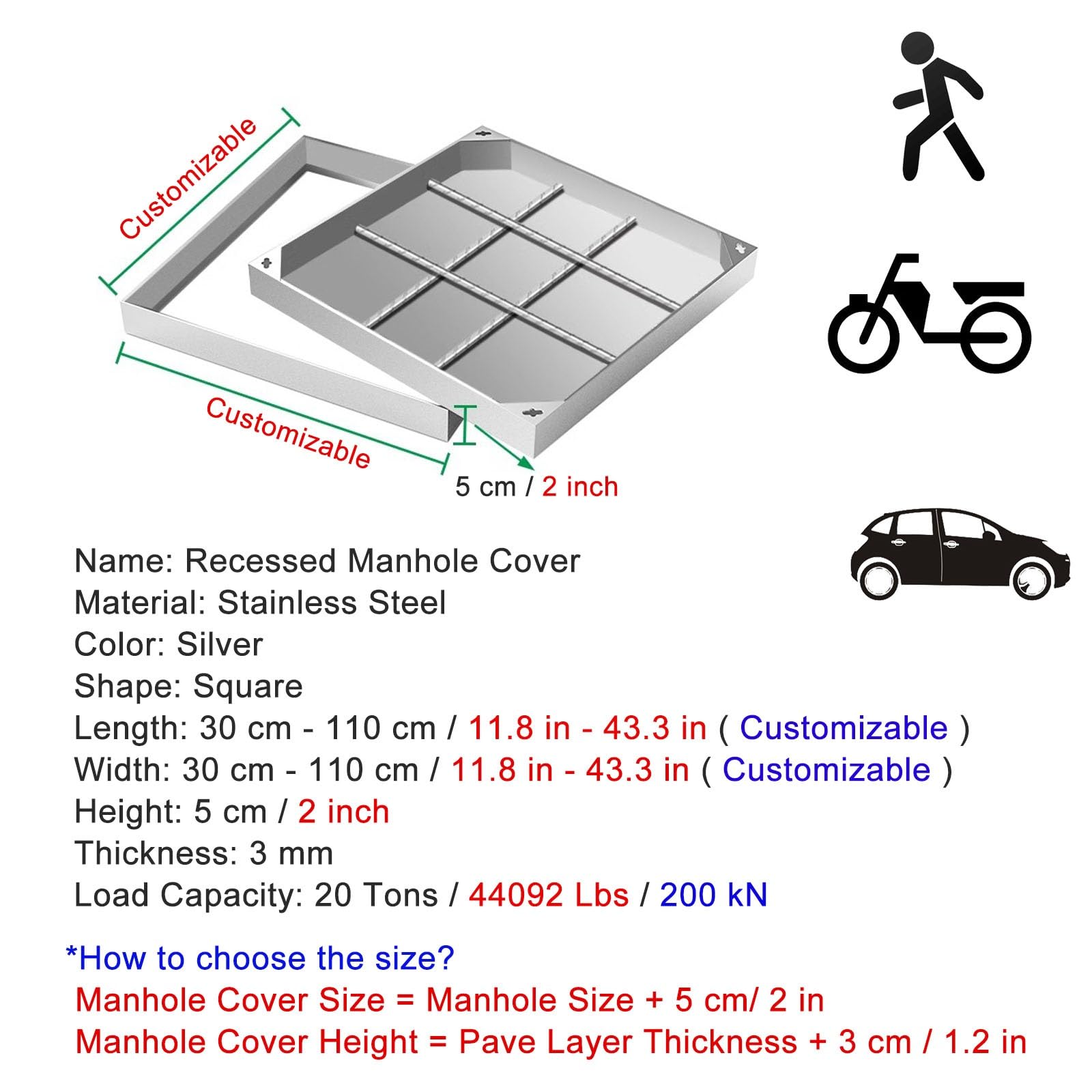 Coperchio per pozzetto 300x300 e Coperchio di ispezione per Veicoli fognari in Metallo Pesante, Design Personalizzato Disponibile, sportello di Accesso Esterno Incassato (33,5" x 33,5")