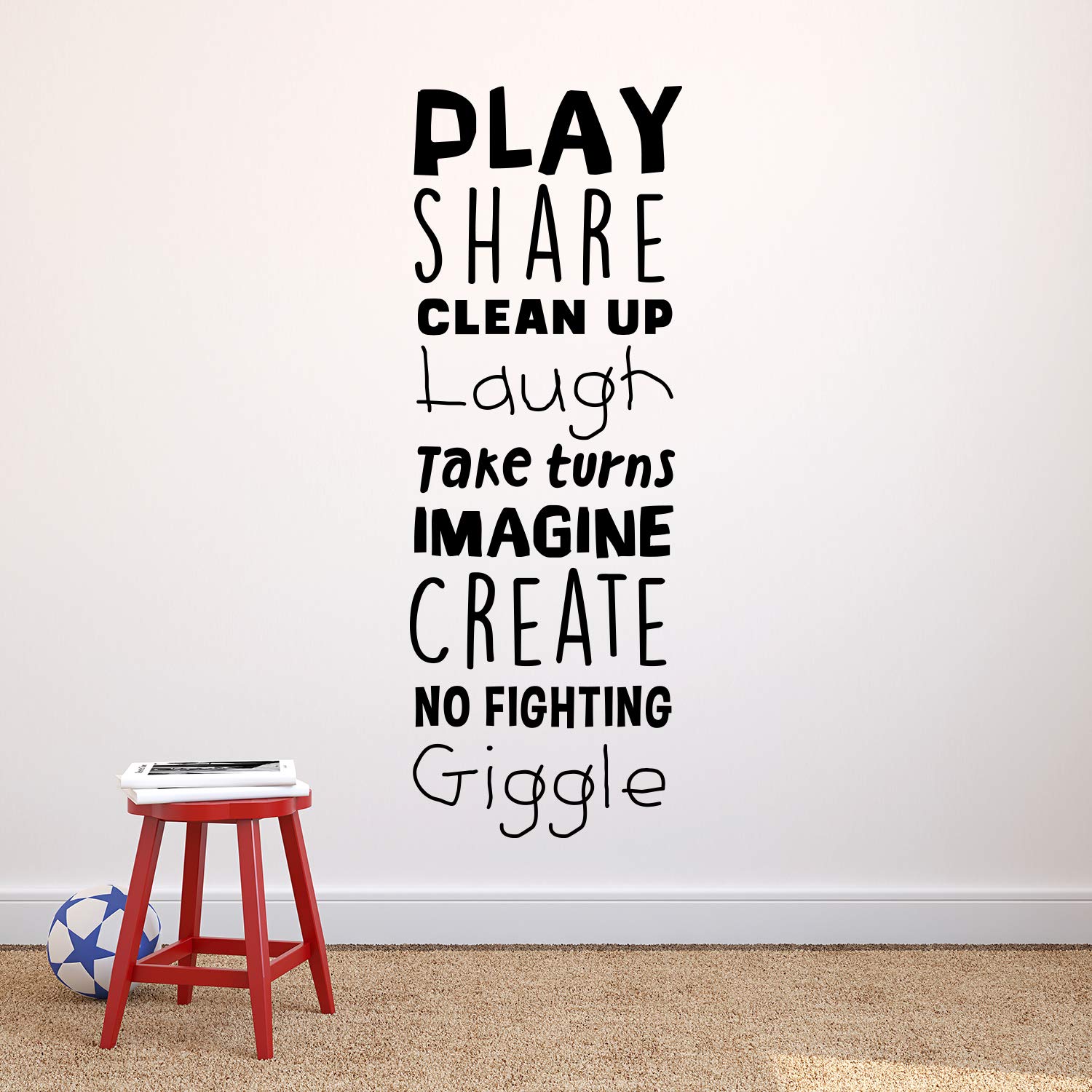 Vinyl Art Wall Decal - Play Share Clean Up Laugh Take Turns Imagine No Fighting Giggle - 45.5" x 16.5" - Cute Modern Decals for Kids Toddlers Home Bedroom Playroom Apartment Nursery Decor Stickers