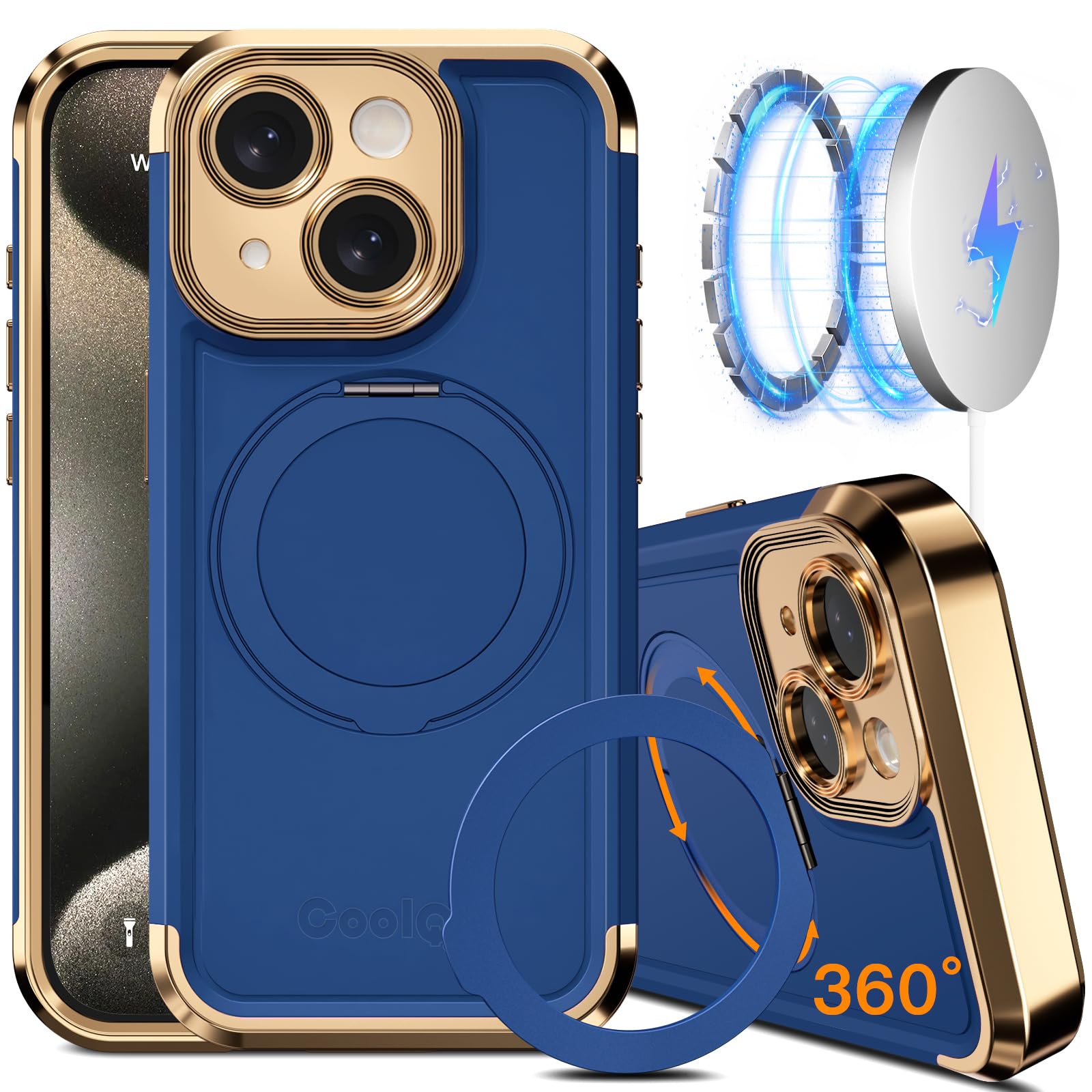 COOLQO for iPhone 14 Case 6.1'' Upgraded 360° Spin Magnetic Stand [Compatible with Magsafe][Military Grade Drop Protection] Shockproof Protective