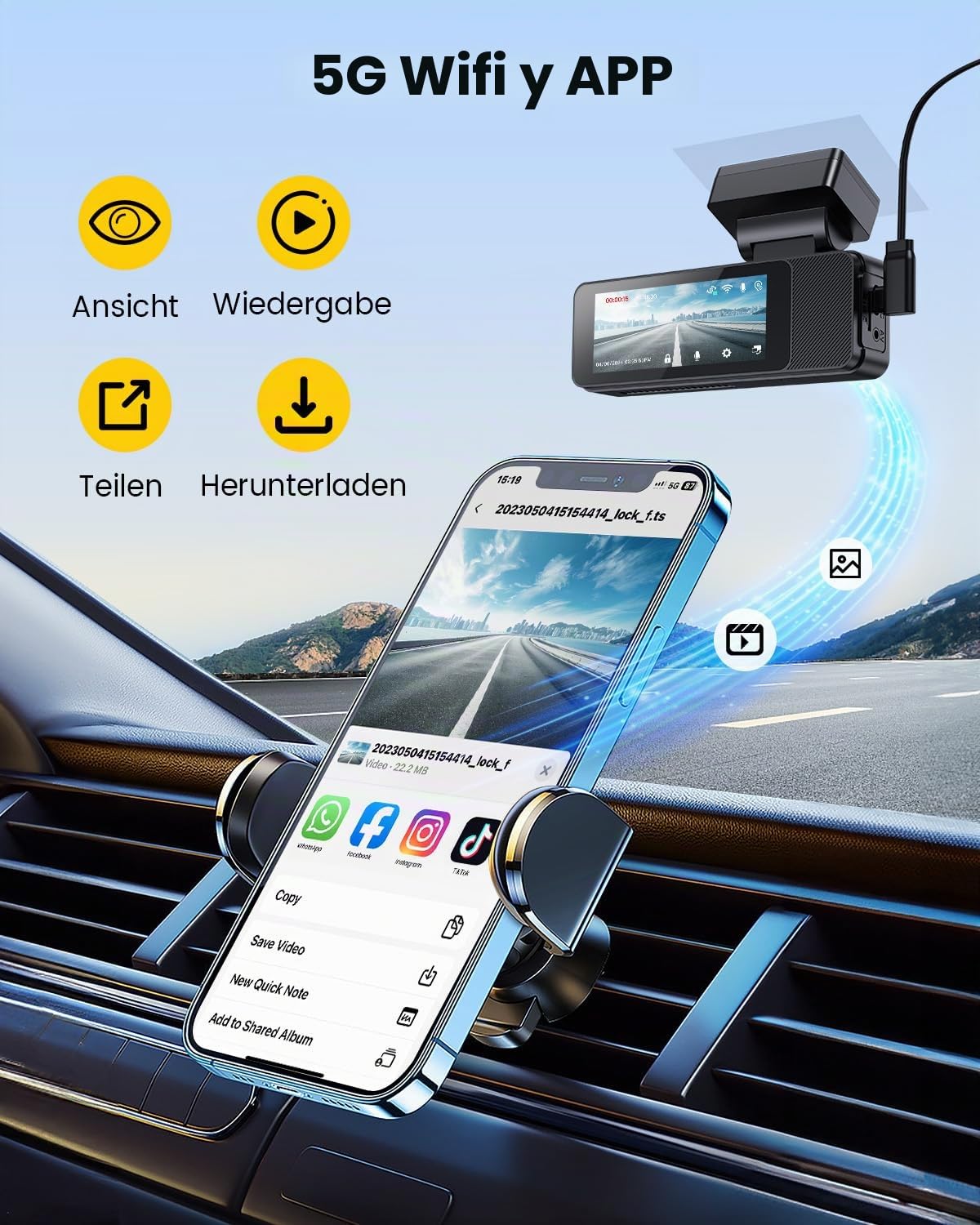 GKU Dashcam Auto Delantera Trasera, 4K/2,5K con pantalla táctil de 3,18 pulgadas, GPS 5G Wi-Fi Dash Cam, cámara dual para auto, tarjeta SD de 64GB, monitor de estacionamiento, WDR, gran angular de 170