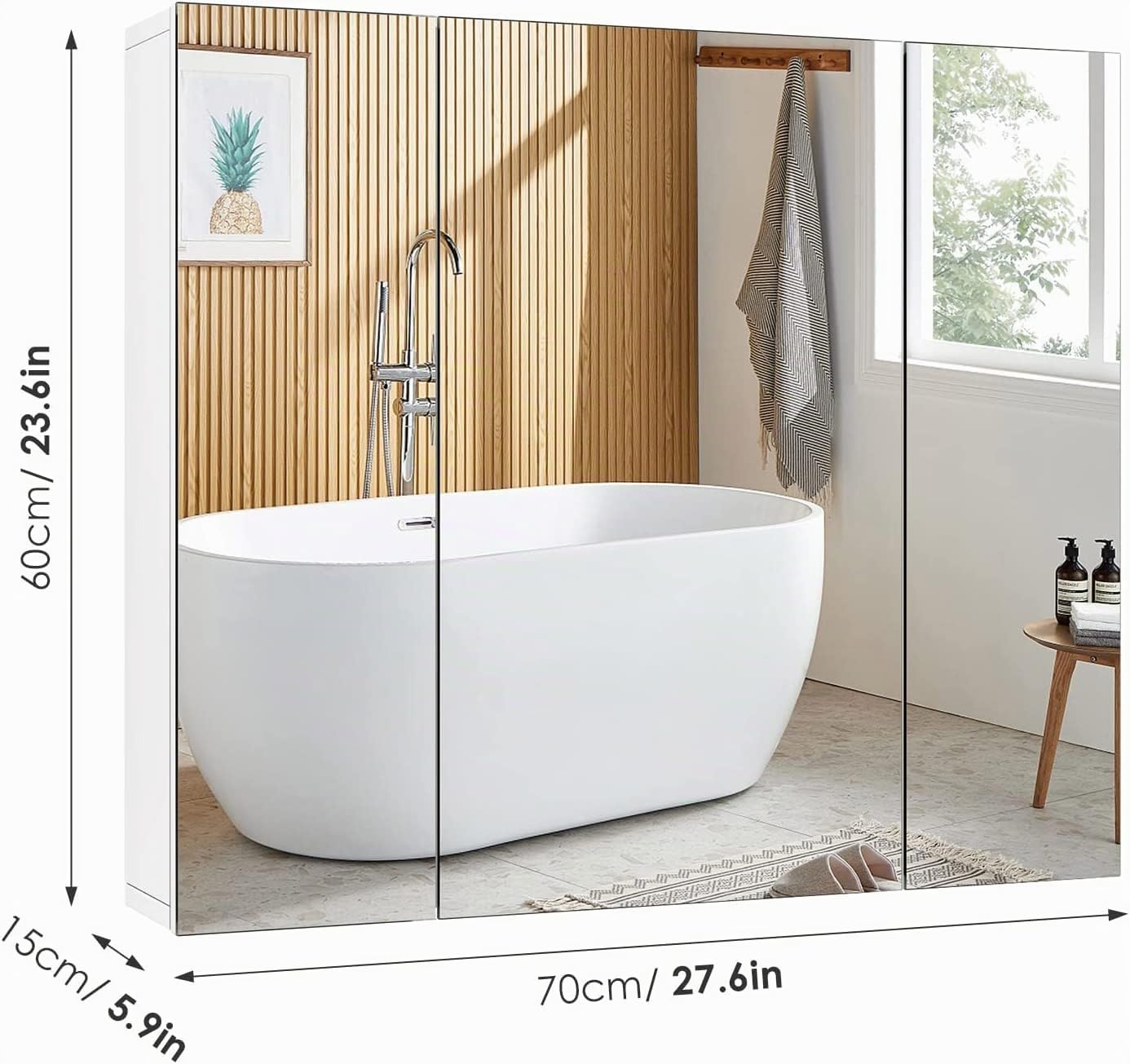 FOREHILL 70x60cm Armario Espejo Baño, Armario Baño Pared, Armario Baño | Armario Colgar de Pared con 4 Compartimentos, 3 Puertas, Blanco, 70x15x60cm