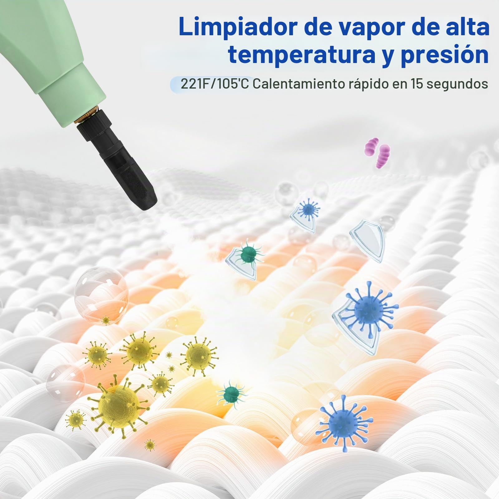Limpiador a vapor portátil de 2500 W, 1100 ml, limpiador a vapor de alta presión con 3 cabezales de cepillo, limpiador a vapor de mano multifuncional para muebles de cocina, baño, coche (verde nuevo)