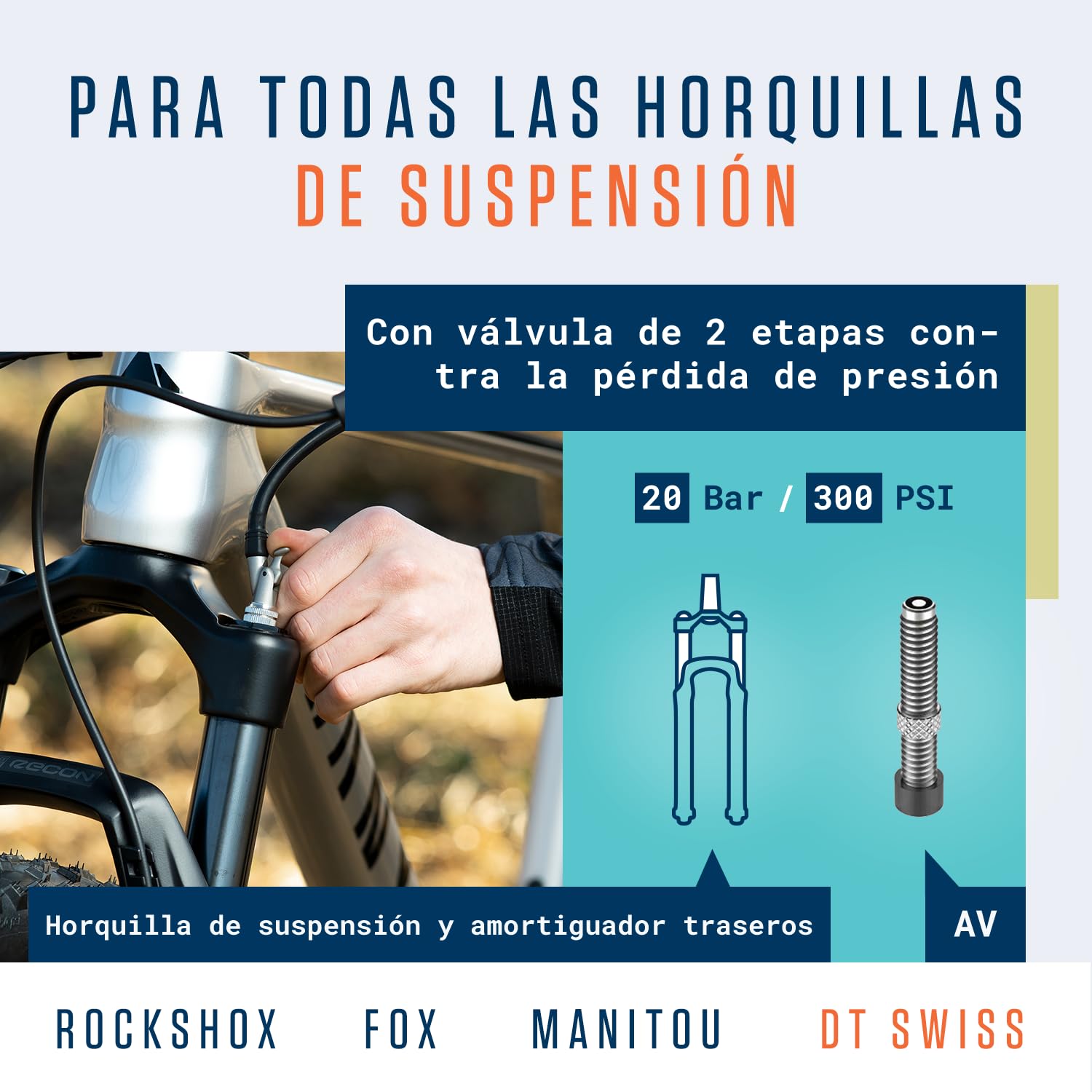 Alphatrail Bomba de Amortiguación Bob - para Todos los amortiguadores de Aire y Horquillas 300 PSI / 20,7 Bar presión I Air Bleeder I Gran manómetro (Ø40mm) I Bomba supsension para RockShox, Fox etc