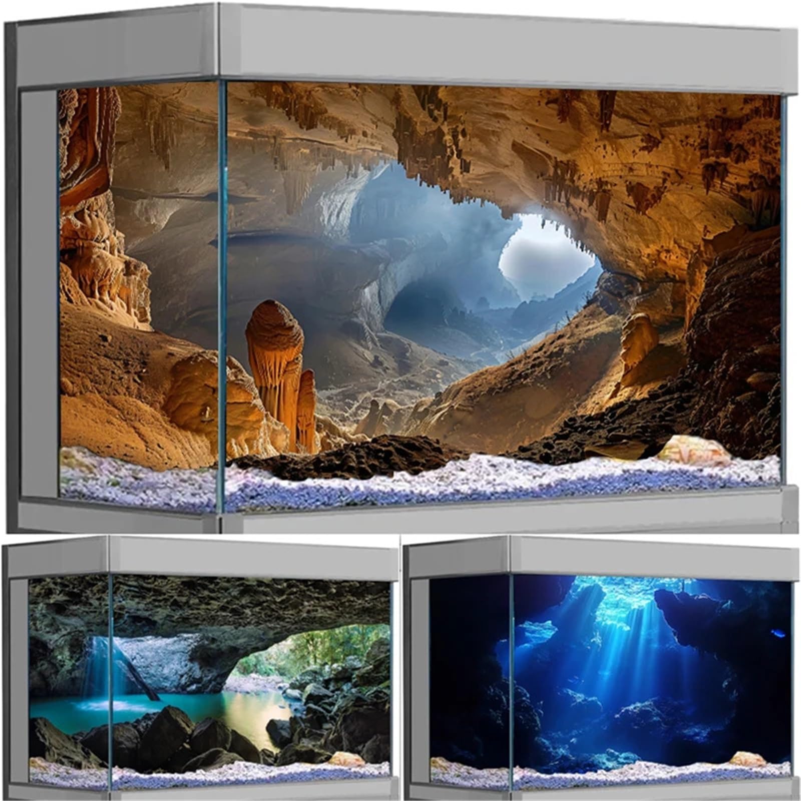 Decoración de pecera con Efecto 3D | Fondo de pantalla de impresión HD de paisaje de cueva, telón de fondo de pecera, accesorios de acuario de PVC(Black,50x100cm)