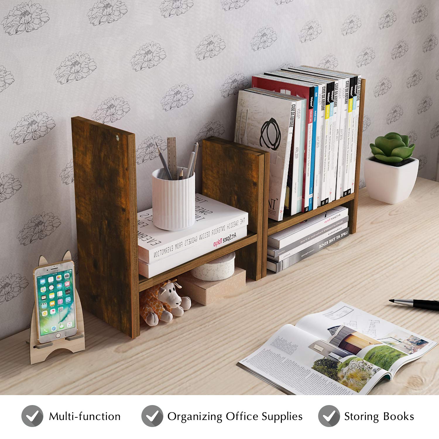 Jerry & Maggie Organizer da scrivania per ufficio, scaffale regolabile in legno, stile libero, doppia H, vero supporto naturale, tono legno naturale