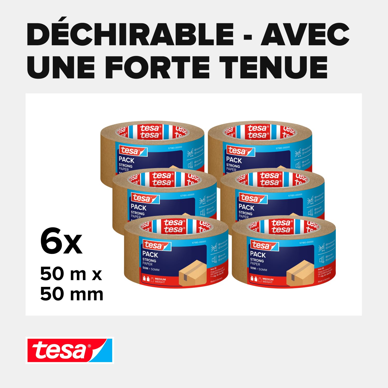 tesapack STRONG PAPER - Ruban d’emballage en papier - 92 % de matériaux renouvelables - Déchirable à la main - Ruban d’emballage colis de taille moyenne - Marron - 6 rouleaux de 50 m x 50 mm chacun