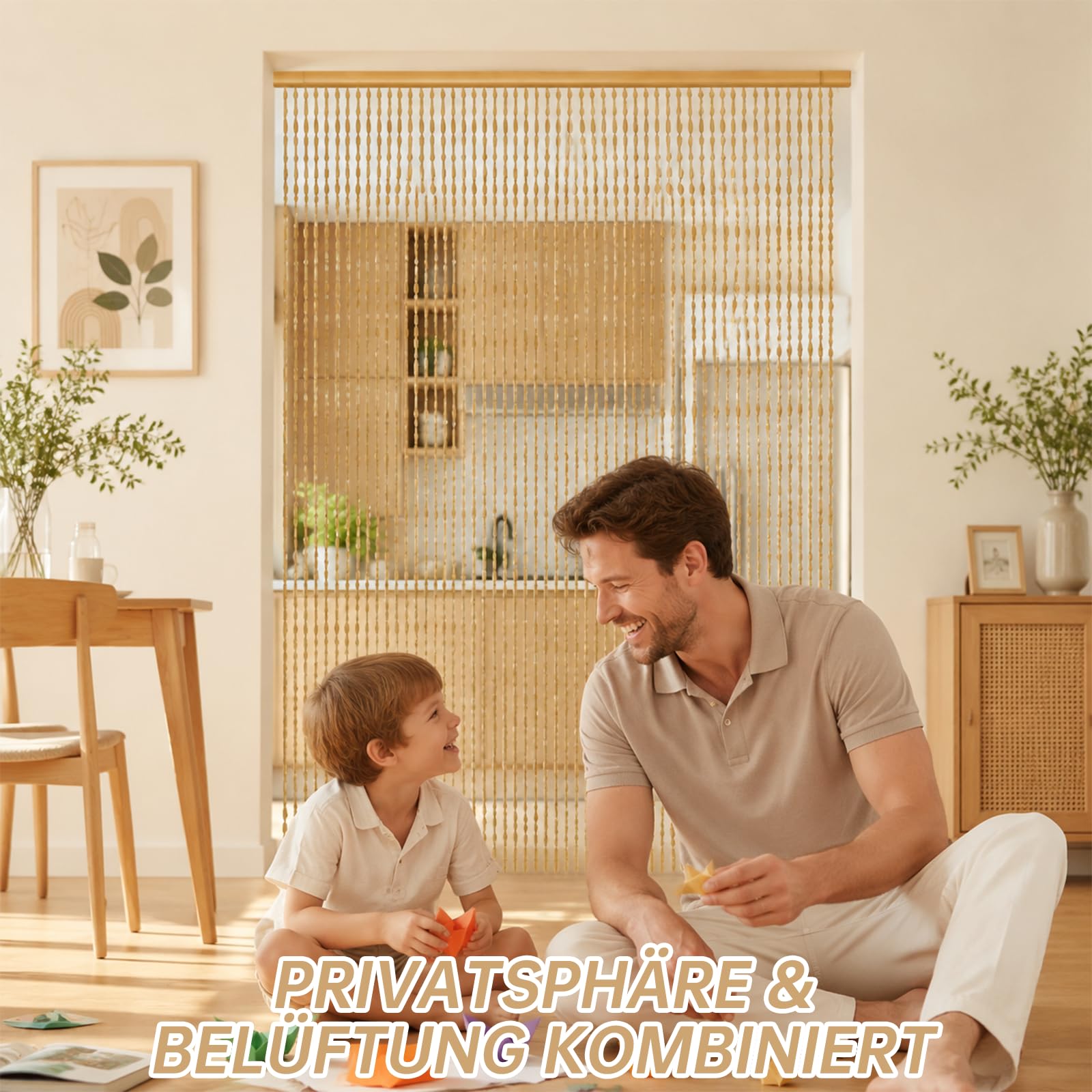 90x200cm Perlenvorhang, Handgefertigte Natur Türvorhang Perlen, 52 Stränge Beige Retro Perlenvorhang Türvorhang für Schlafzimmer Balkontür