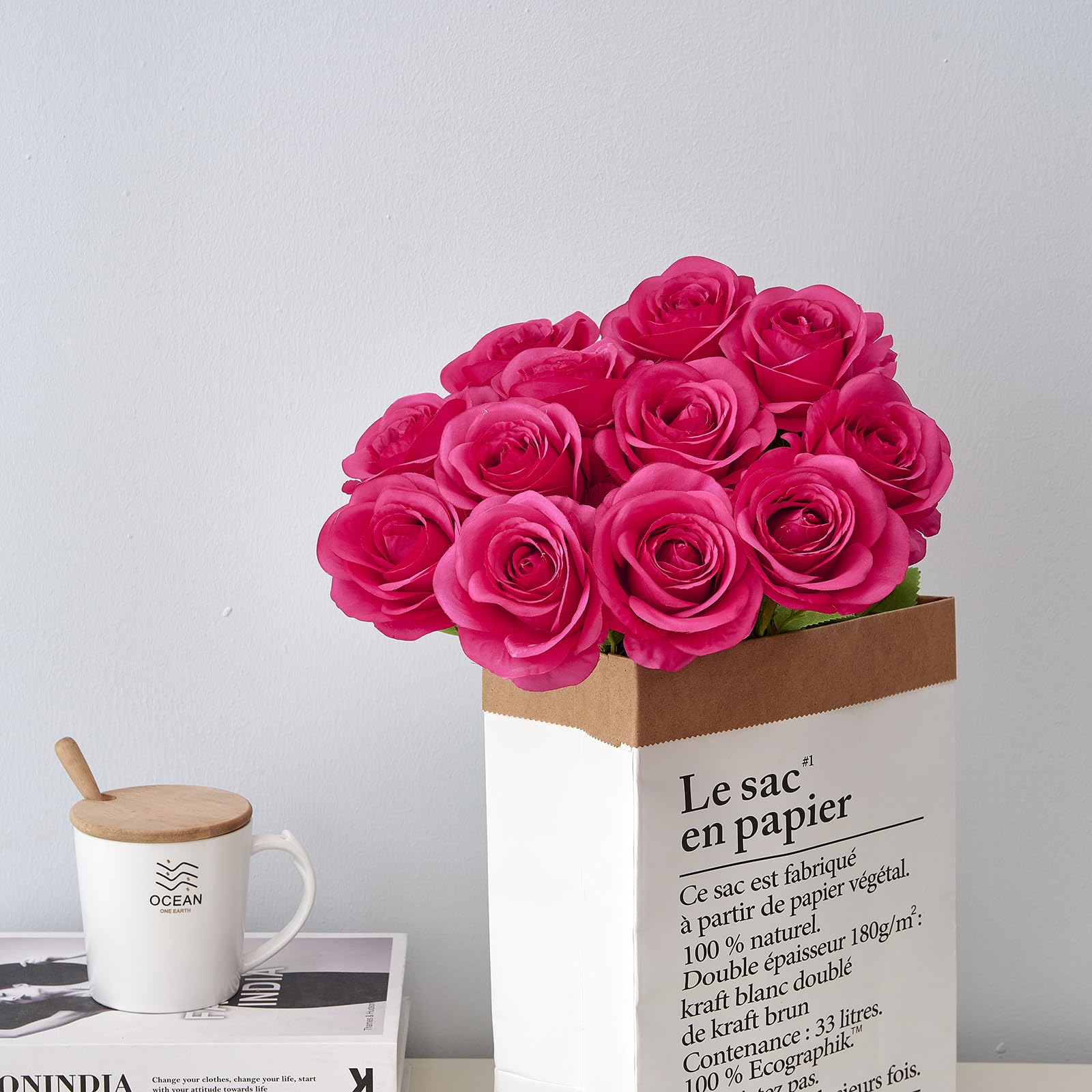 Helera 12PC Hot Pink Roses Artificial Flowers Fake Roses Silk Roses Flowers with Long Stems for Wedding Home Party Centerpieces Decorations - Image 4