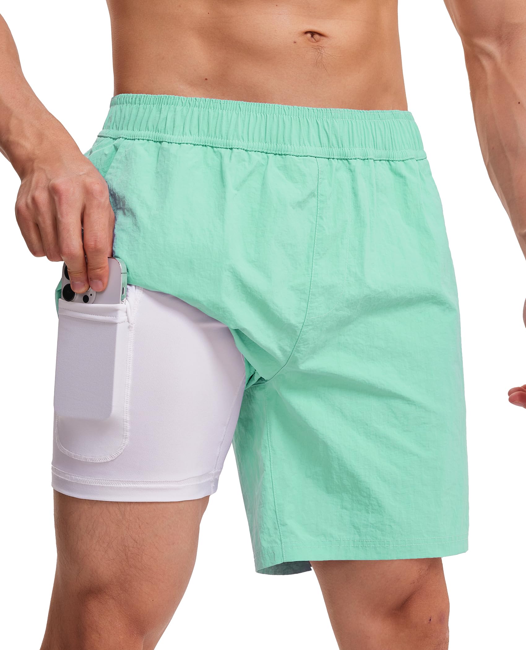 Milin Naco Mens Swim Trunks 7" 2 in 1 Compression Liner Quick Dry 4 Pockets Beach Shorts Swimwear for Men Bathing Suit