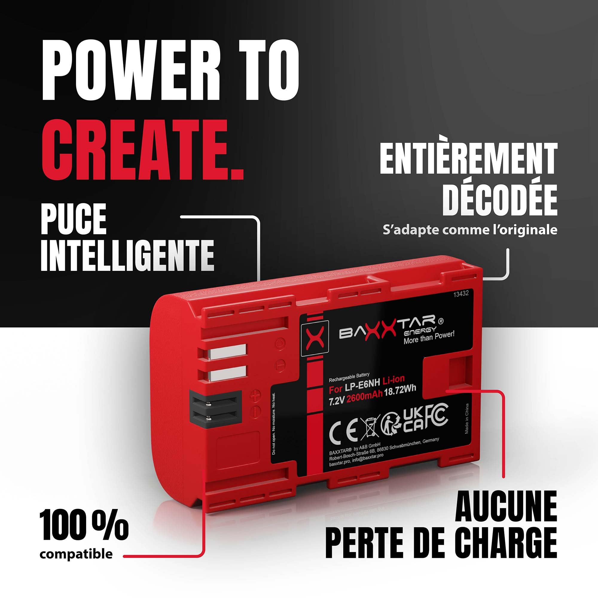 Baxxtar Pro 2X Batterie LP-E6NH 2600mAh – Remplacement pour Canon LP-E6 LP-E6N LP-E6NH – Compatible avec EOS R5 R6 R6II R7 5D III/IV 6D 7D 90D – cellules certifiées UL