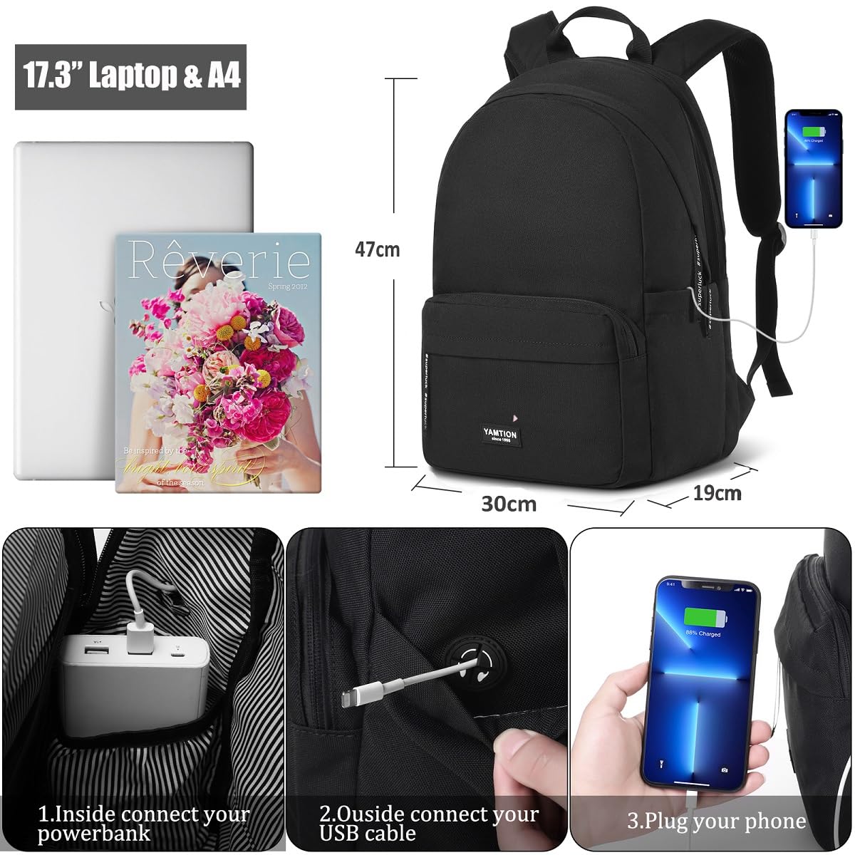 YAMTION 17,3 Pouces Sac à Dos Femme Homme pour Ordinateur Portable,Sac d'École Sac Scolaire Fille pour Lycée Collège Garçon avec Chargeur USB