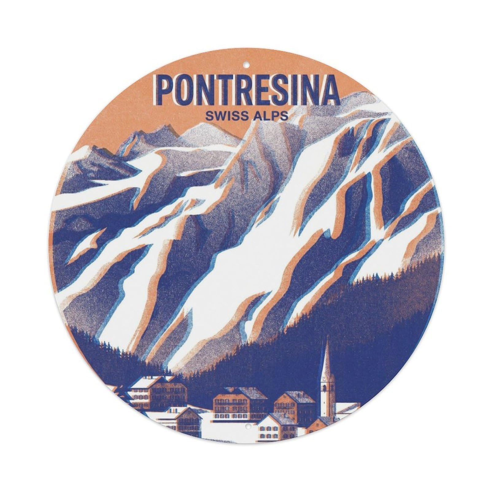 Pontresina Swiss Alps Vintage Alpine Travel Mountain Ski Metal Tin Sign Plaque Wall Decor for Cafe, Man Cave, Club Bar, Office, Home Garden Round Metal Poster 8x8Inch