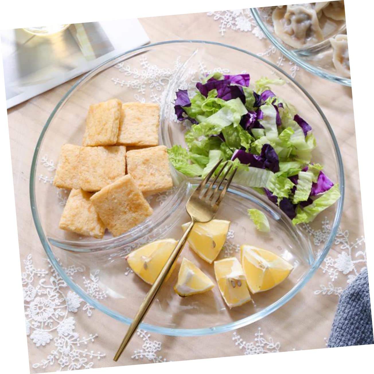 OUNONA Unterteilte Snackschale mit 3 Fächern aus Gehärtetem Glas und Mikrowellengeeignet Leicht für Picknicks und Outdoor Dining