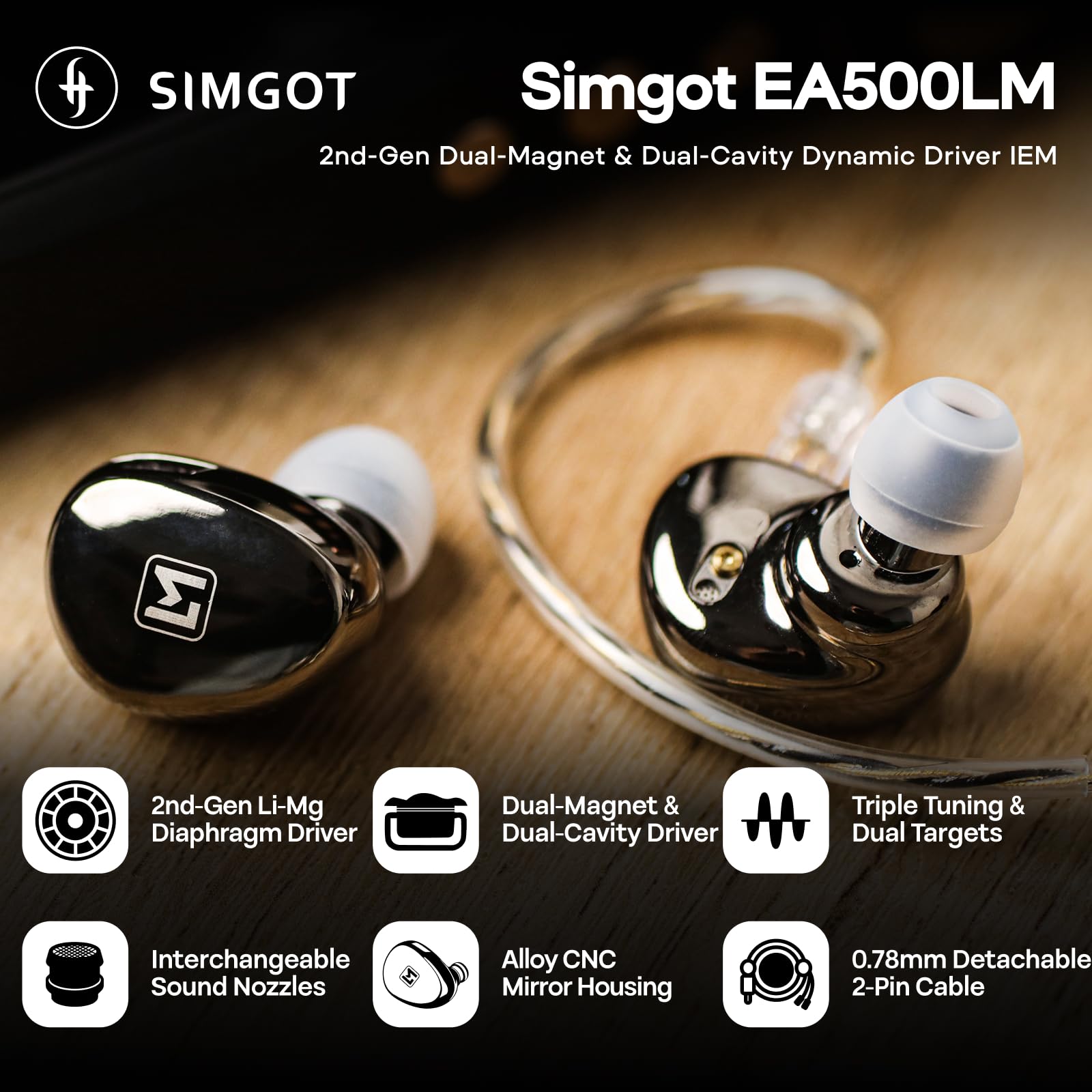 Simgot EA500LM słuchawki douszne z podwójnym magnesem i podwójną jamą, przewodowe słuchawki douszne HiFi z wymienną dyszą tuningową, odłączany kabel do audiofila/gier