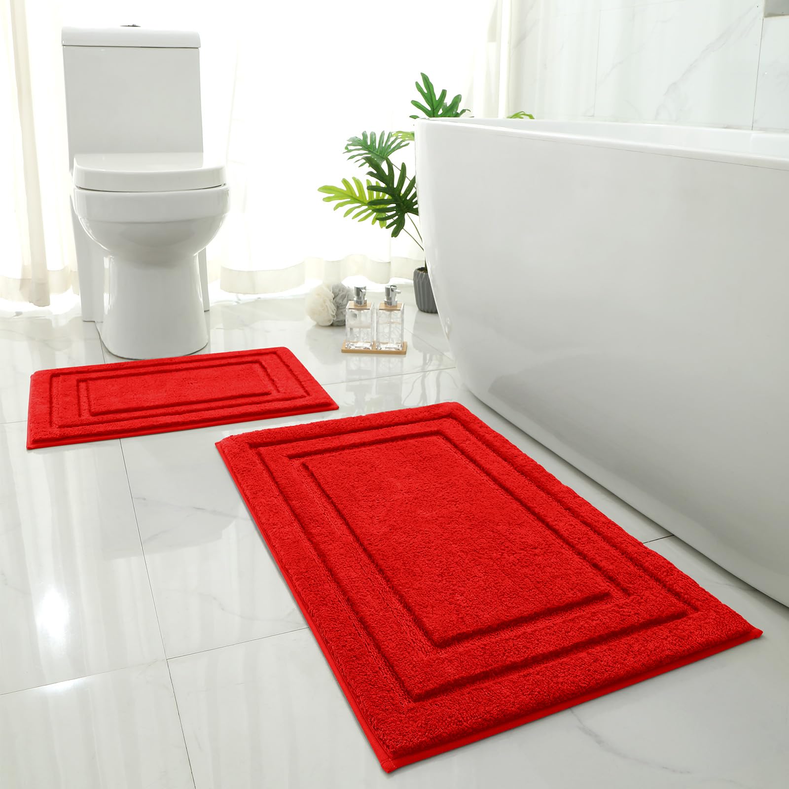 HOMEIDEAS Bathroom Rugs Sets 2 Piece, Super Soft and Absorbent Non Slip Microfiber Machine Washable Bath Mat Set (20" x 32" + 16" x 24", Red)