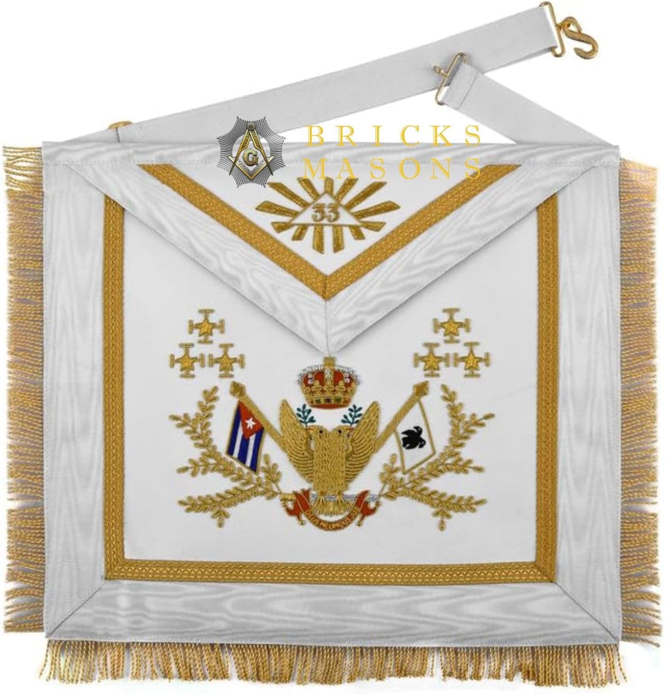 BRICKS MASONS 33rd Degree Scottish Rite Apron - Hand Embroidery Gold Bullion Wings Up ALL COUNTRIES FLAGS