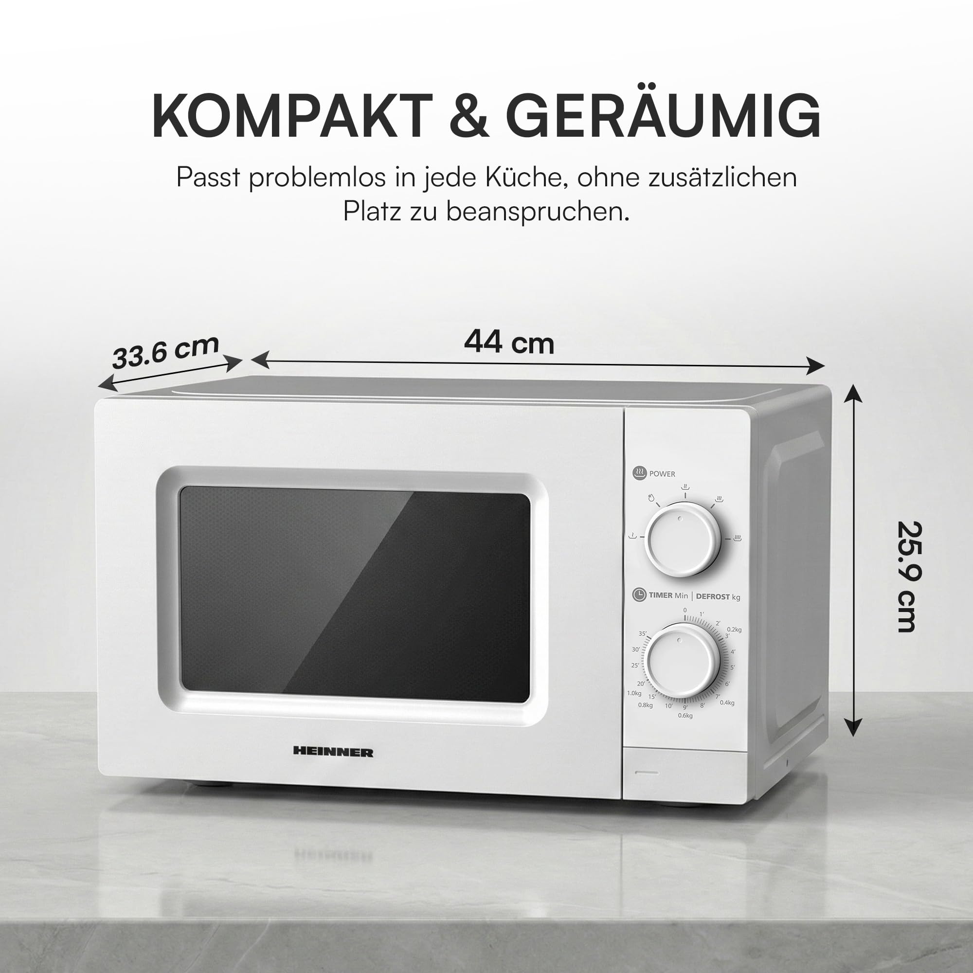 HMW-MD20MWH Mikrowelle • 20 L - 700 W, Manuelle Bedienung - 5 Leistungsstufen, Auftaufunktion - Drehregler - Weiß, 3 Jahre Garantie