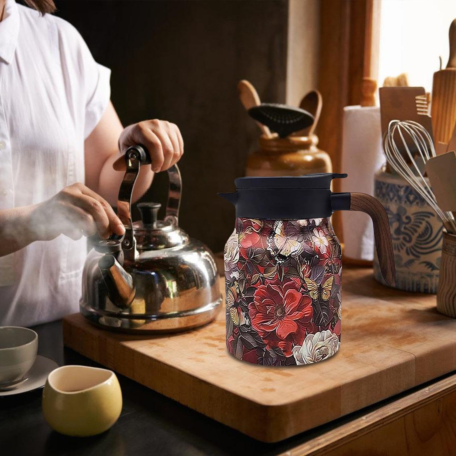 Amazon | Evnbhgyu 花柄魔法瓶 花 保温ポット レトロな花柄 まほうびん