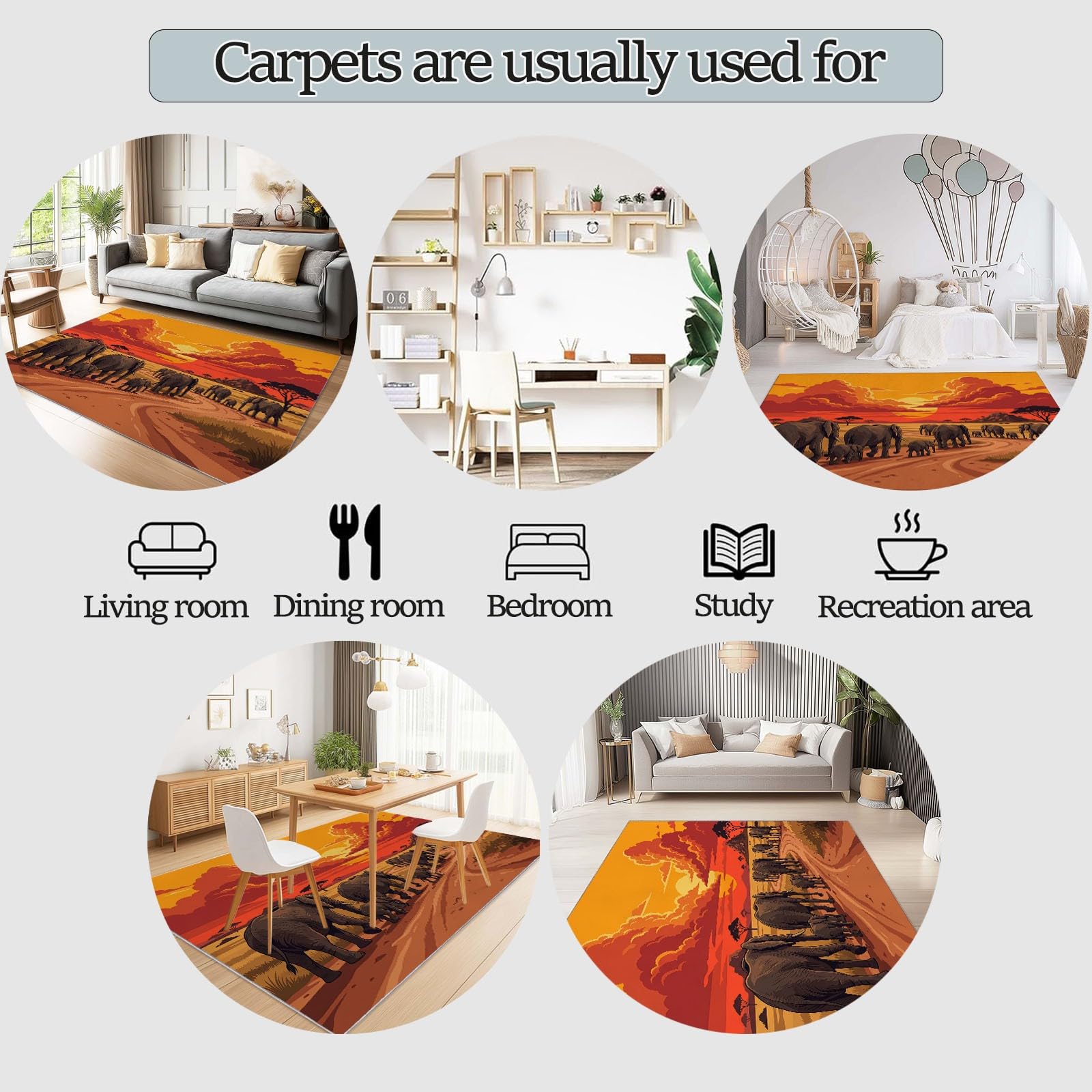 Tapiss 60 x 110 cm, Tapis Antidérapants Afrique Coucher Soleil Faune Sauvage Éléphant Courts pour Bureau Salle de Bain Salle à Manger, Paysage Naturel Orange Jaune Chambre Descente De Lit Carpet