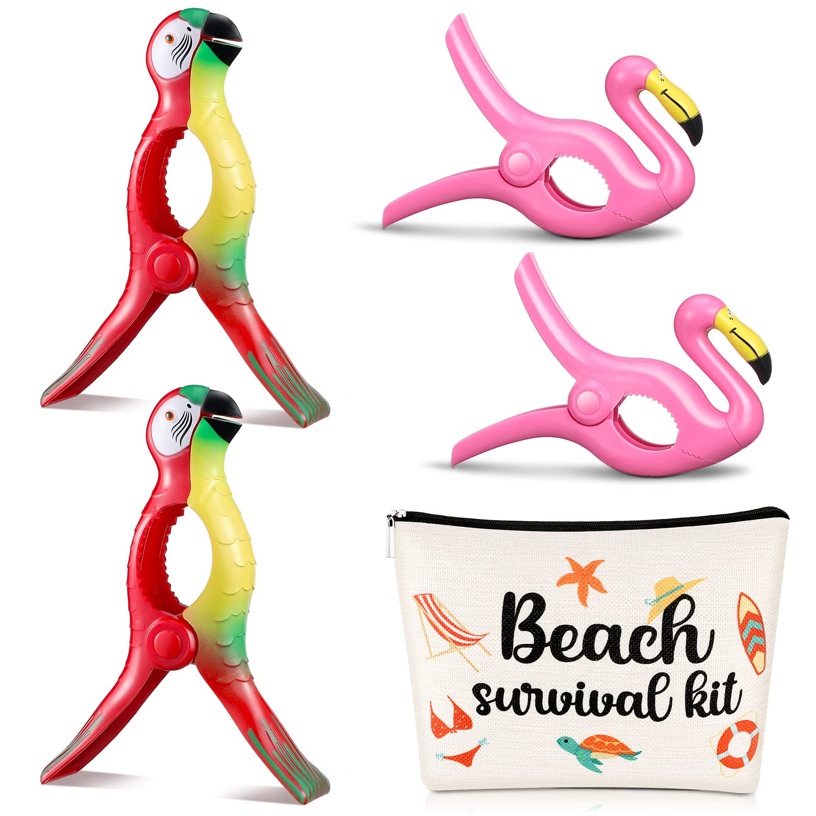 4 Pcs Towel Clips for Chairs Flamingo Parrot Beach Chair Clips for Beach Chairs,1 Pcs Beach Kit Cosmetic Bag for Women (Red Parrot Flamingo)