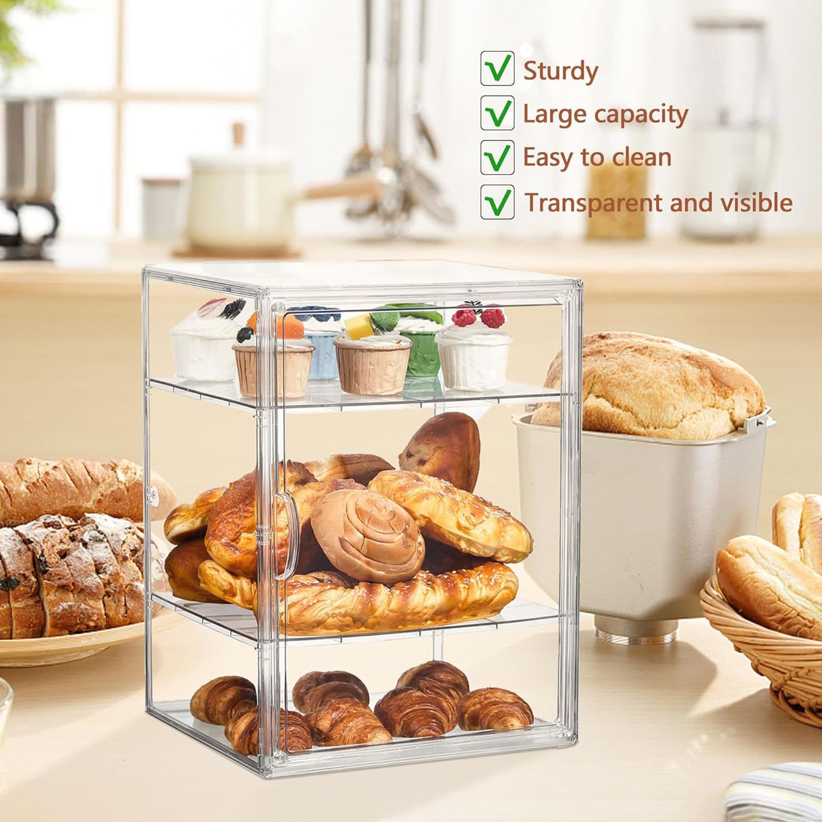 Vitrina de pastelería para encimera de cocina, 4 capas, ajustable, transparente, almacenamiento de pan con puerta magnética para artículos de panadería