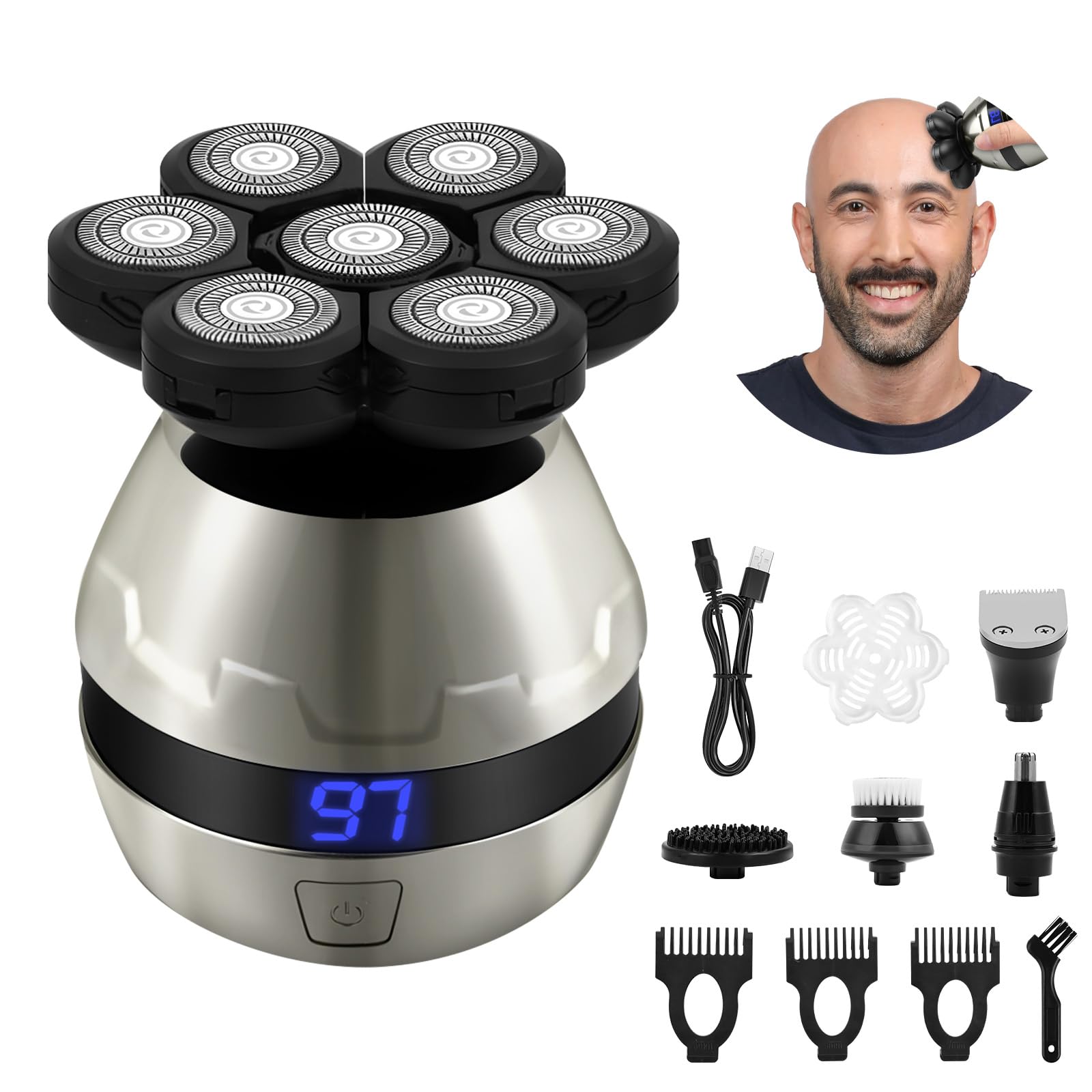 LOPHE Afeitadora Cabeza Hombre, 4D Maquina Afeitar Hombre Calvo, Afeitadora Electrica Cabeza para Calva Facial Barba, 7 Cabezales y Pantalla LED, IPX6 Impermeable en Seco y Húmedo Recargable (8 en 1)