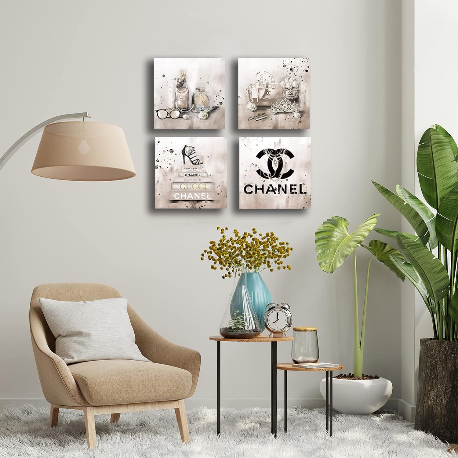 Meetdeceny Beige Canvas Prints Artwork Fashion Bedroom Wall Decor Girls Handbag Wall Art for Living Room Perfume Wall Decorations Painting Art 10"x 10"x 4 Pieces