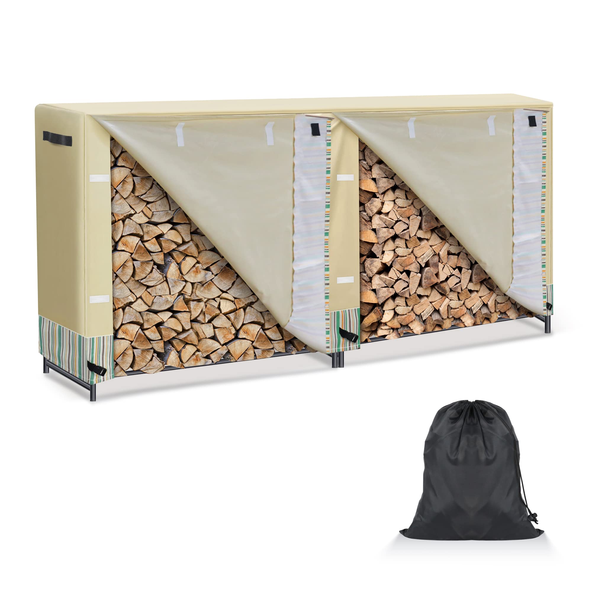 JMFHCD Firewood Rack Cover 8 Foot with Black Storage Bag, Heavy Duty Waterproof Log Rack Cover with 600D Oxford & Weather-Resistant for Indoor Outdoor - (96"L x 24"W x 42"H)