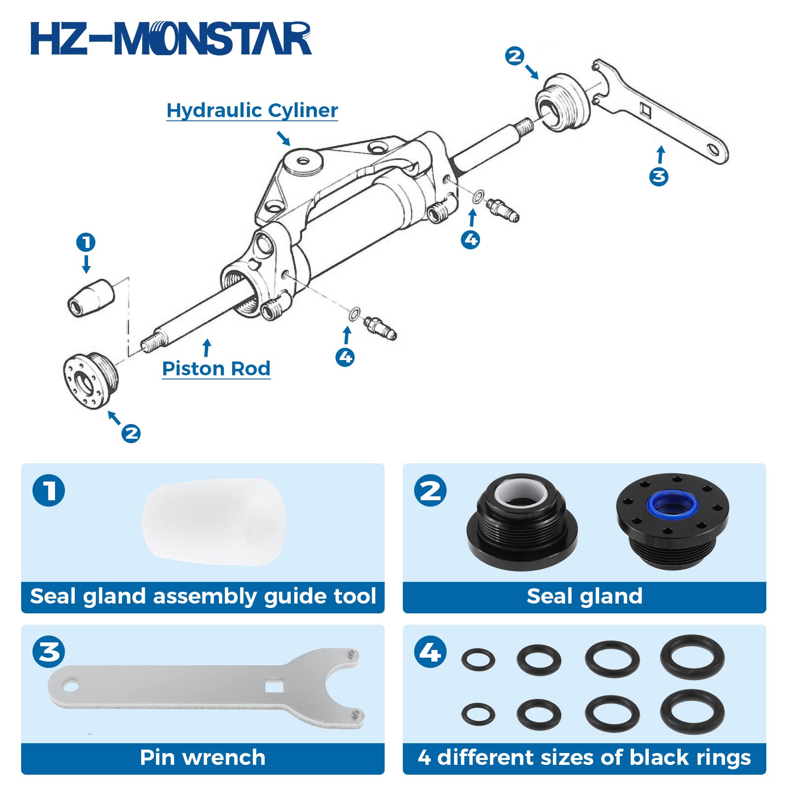 HC5345 HS5157 Kit de joint de cylindre de direction hydraulique à montage avant avec clé à broche et joints toriques, kit de joint compatible avec HC5340 HC5341 HC5342 HC5343 HC5344 HC5346