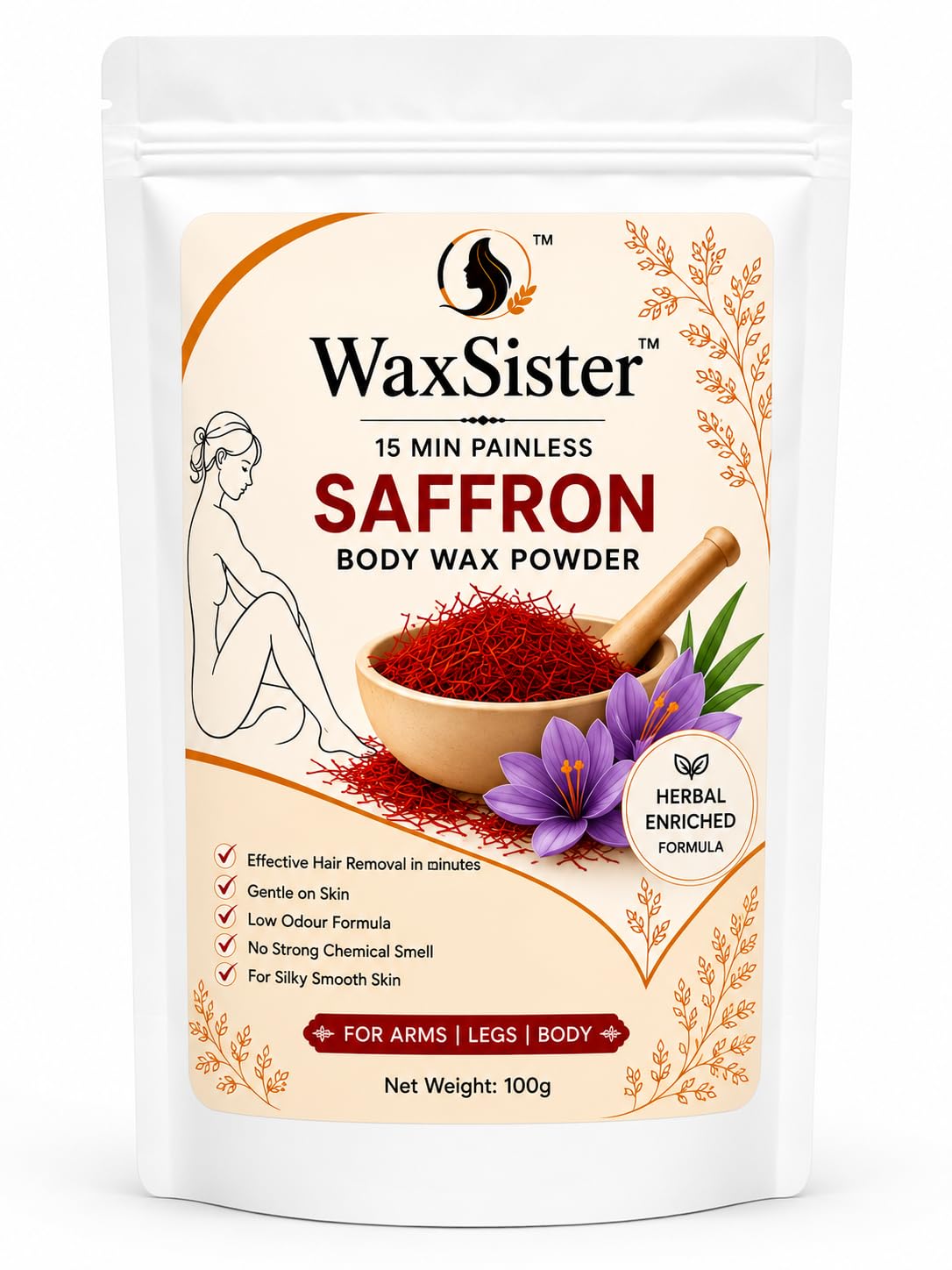 Saffron Body Wax Powder 100g | Herbal Hair Removal Wax Powder for Women | Enriched with Turmeric, Aloe Vera, Multani Mitti & Neem | Low Odour Formula | For Arms, Legs & Body-image-28