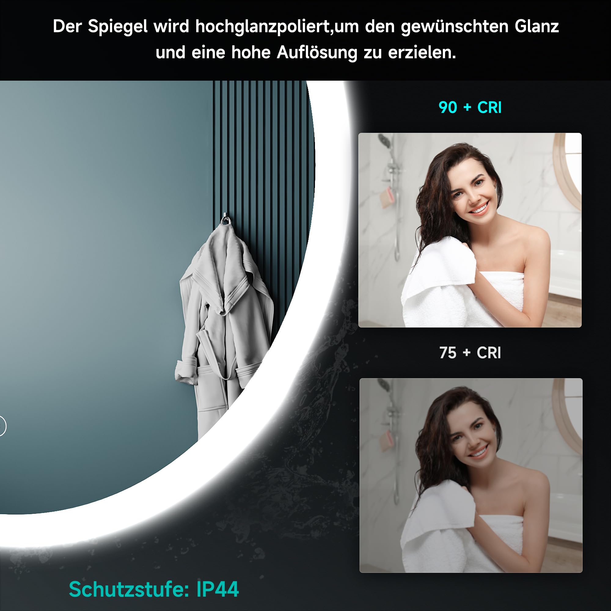 SONNI LED Badspiegel Rund 60cm – Wandspiegel mit Beleuchtung, 3 Farbtemperaturen, Dimmbar, Anti-Beschlag, Memory-Funktion, IP44