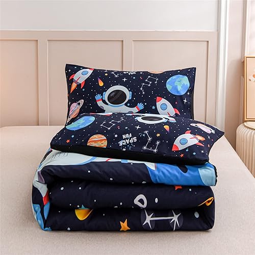 Miniatura 9 de Meeting Story Juego de edredón de 3 piezas con temática espacial del universo, planeta, astronauta, cohete y galaxia, para decoración de habitación