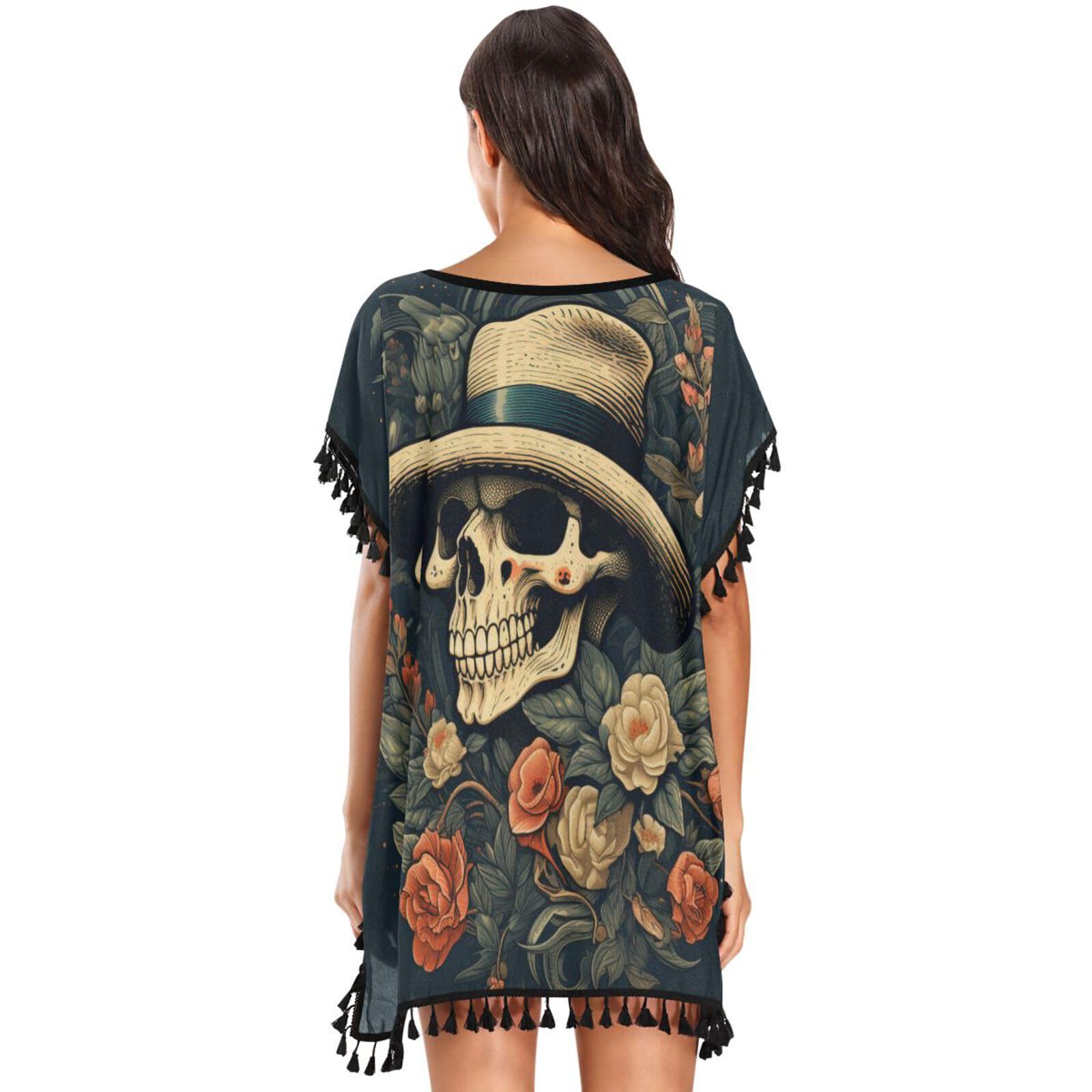 KAAVIYO Black Skull Hat Snake Women's Beach Cover Up Chiffon Tassel Swimwear Swimsuit Coverups for Girl